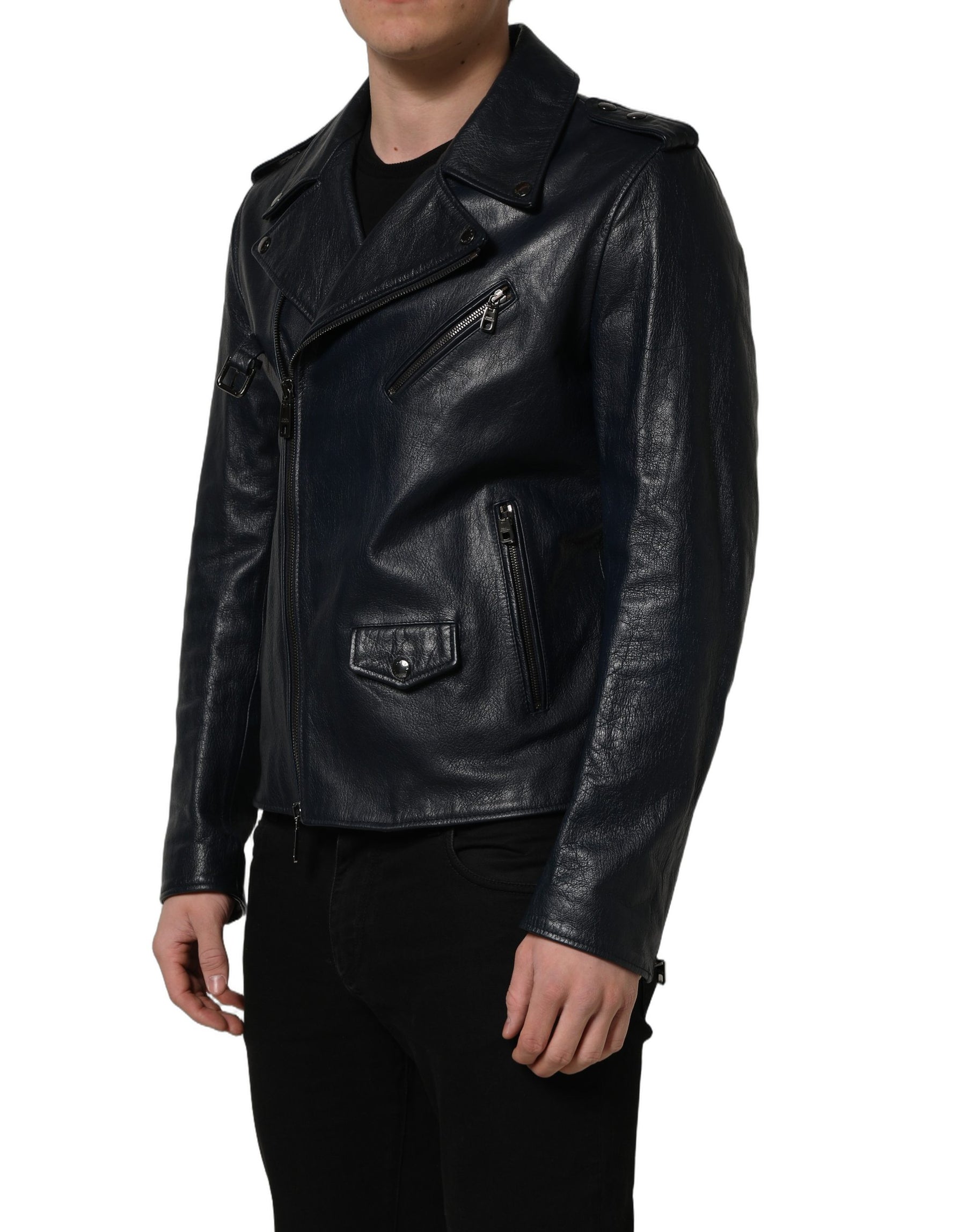 Dolce & Gabbana Black Leather Men Biker Coat Goatskin Jacket | Regal Royce