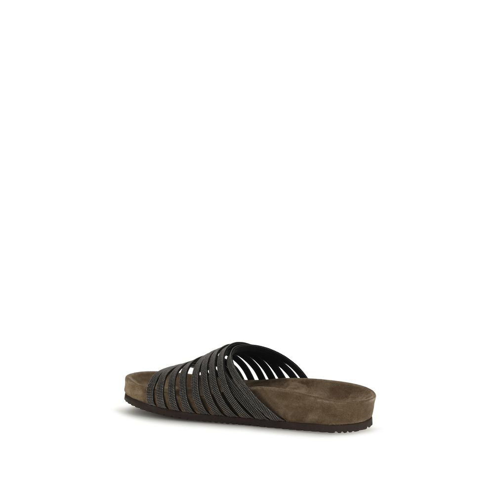 Brunello Cucinelli Black Calf Leather Bos Taurus Flat Sandals | Regal Royce