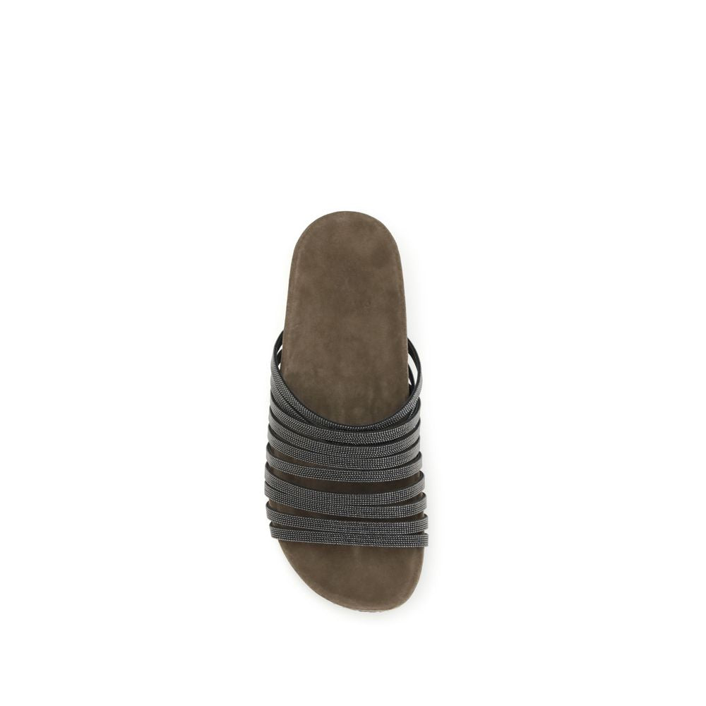 Brunello Cucinelli Black Calf Leather Bos Taurus Flat Sandals | Regal Royce
