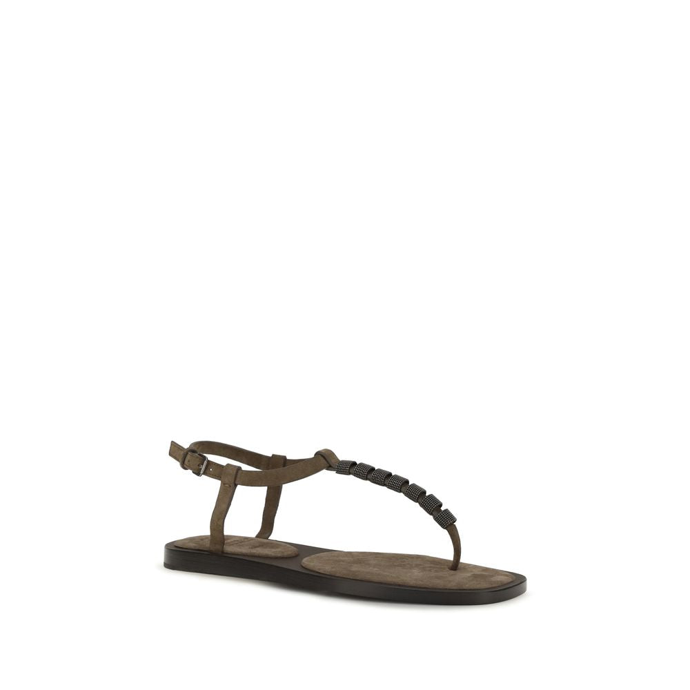 Brunello Cucinelli Brown Calf Leather Bos Taurus Flat Sandals | Regal Royce
