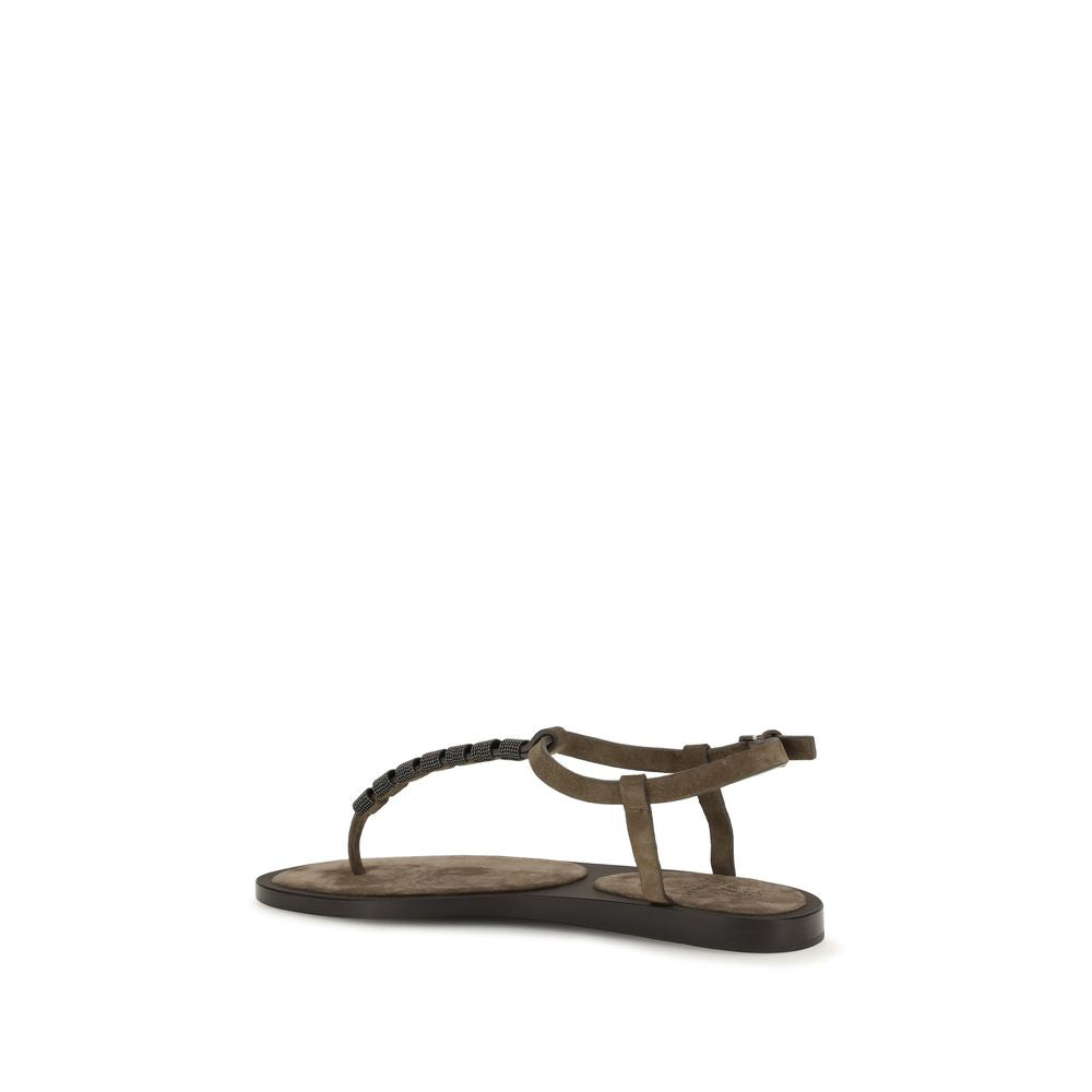 Brunello Cucinelli Brown Calf Leather Bos Taurus Flat Sandals | Regal Royce