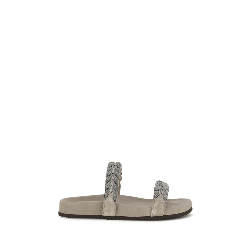 Brunello Cucinelli Gray Calf Leather Bos Taurus Flat Sandals | Regal Royce