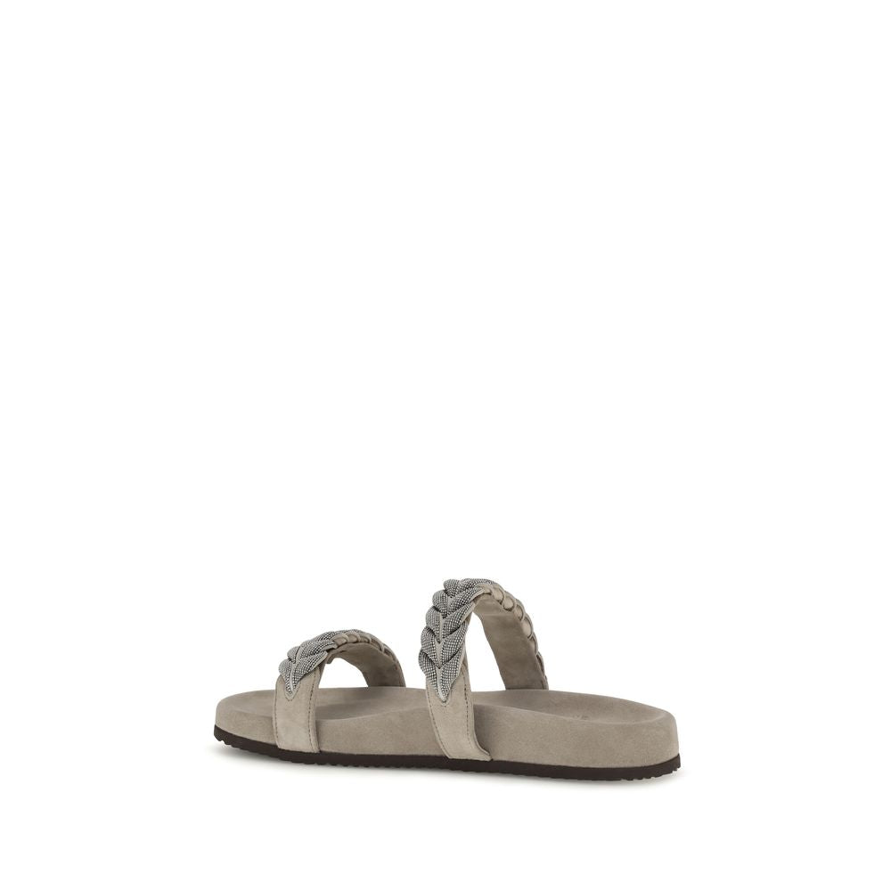 Brunello Cucinelli Gray Calf Leather Bos Taurus Flat Sandals | Regal Royce