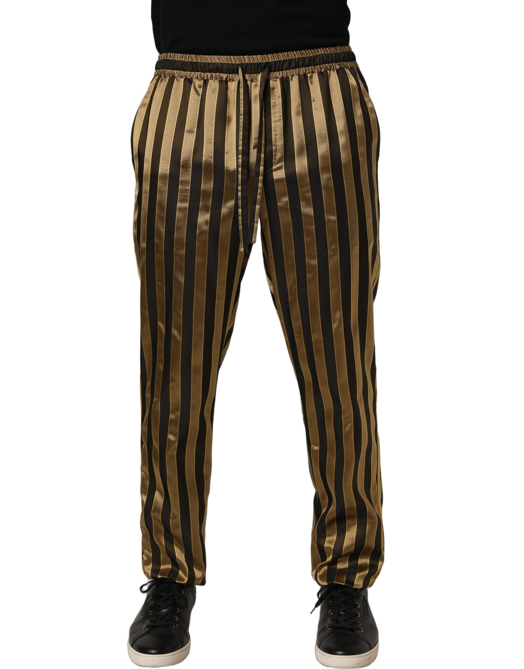 Dolce & Gabbana Gold Black Stripe Satin Tapered Leg Men Pants | Regal Royce