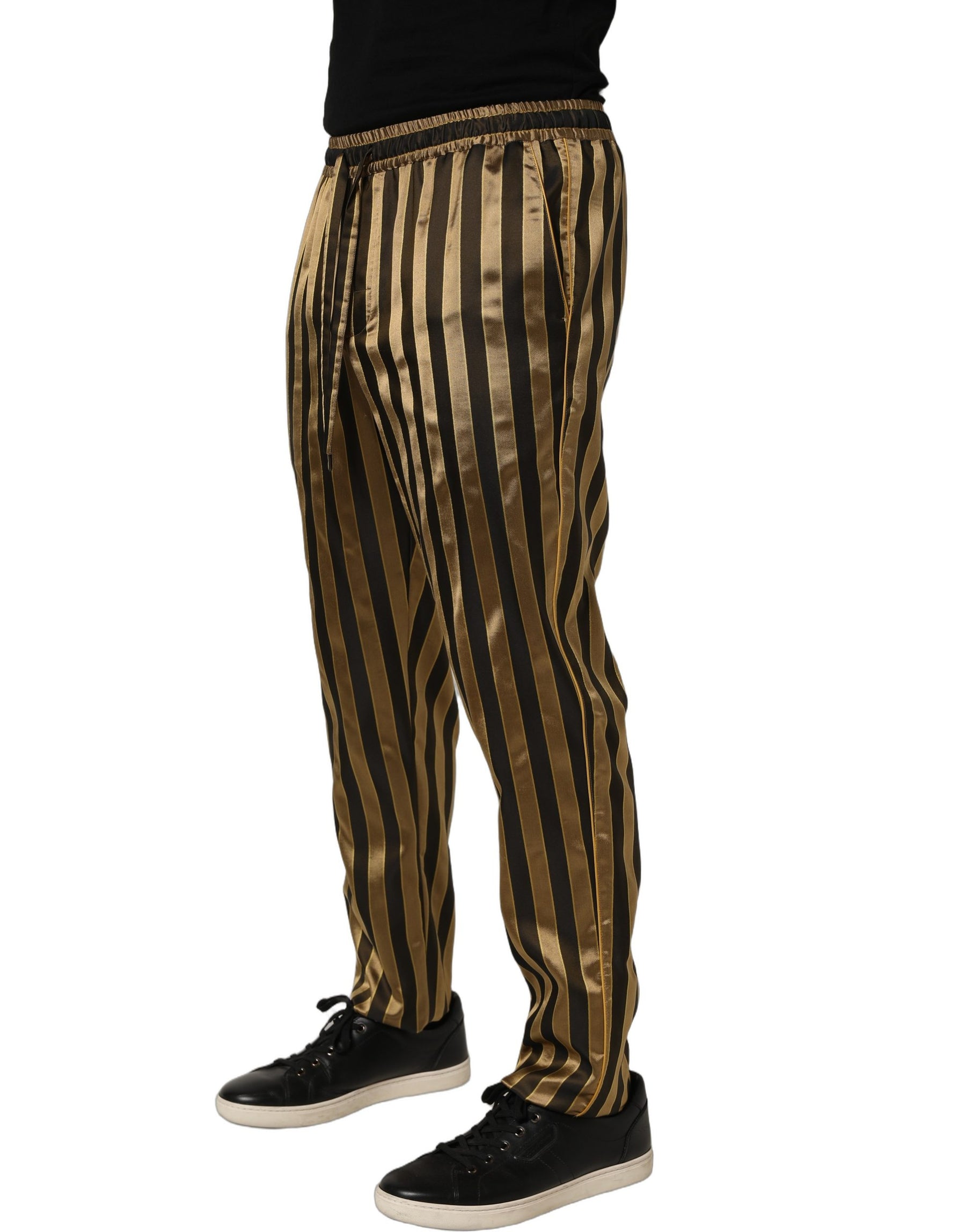 Dolce & Gabbana Gold Black Stripe Satin Tapered Leg Men Pants | Regal Royce