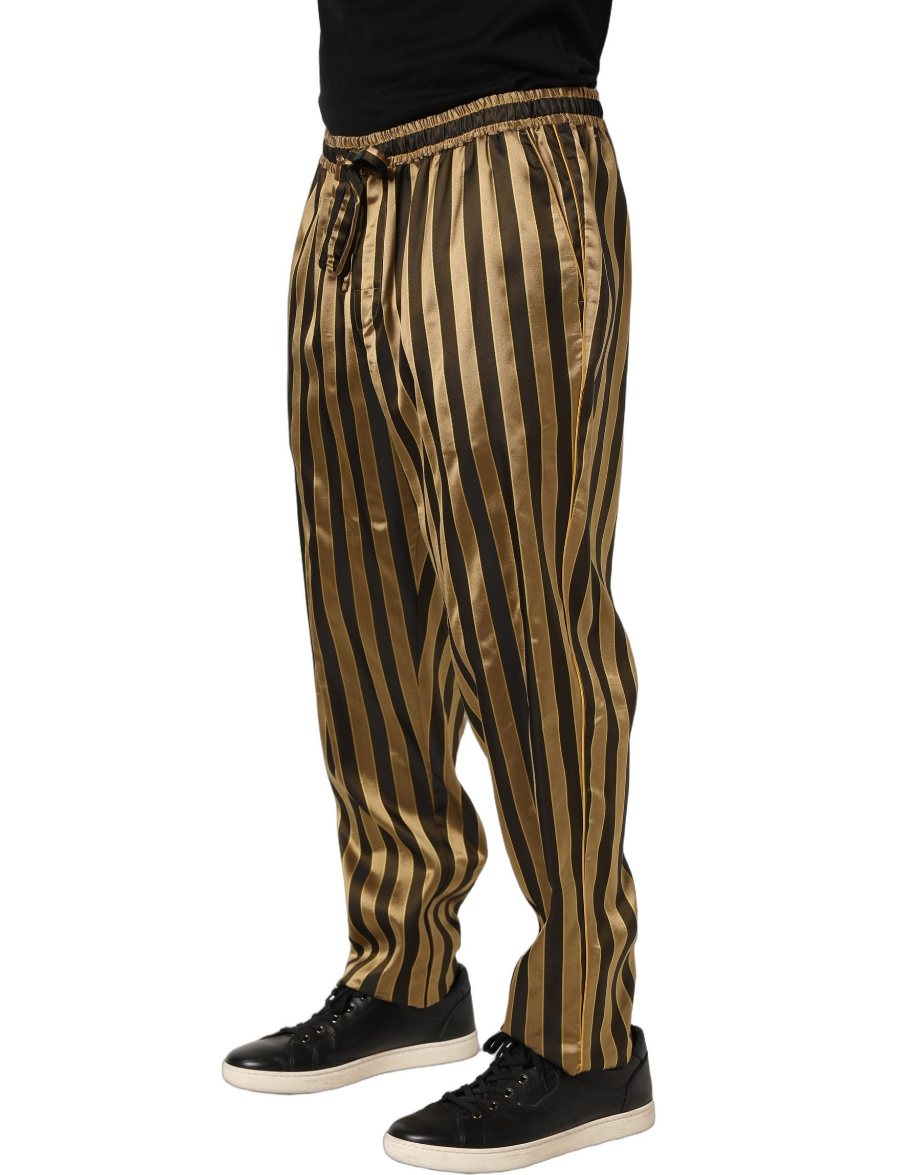 Dolce & Gabbana Gold Black Stripes Satin Tapered Leg Pants | Regal Royce
