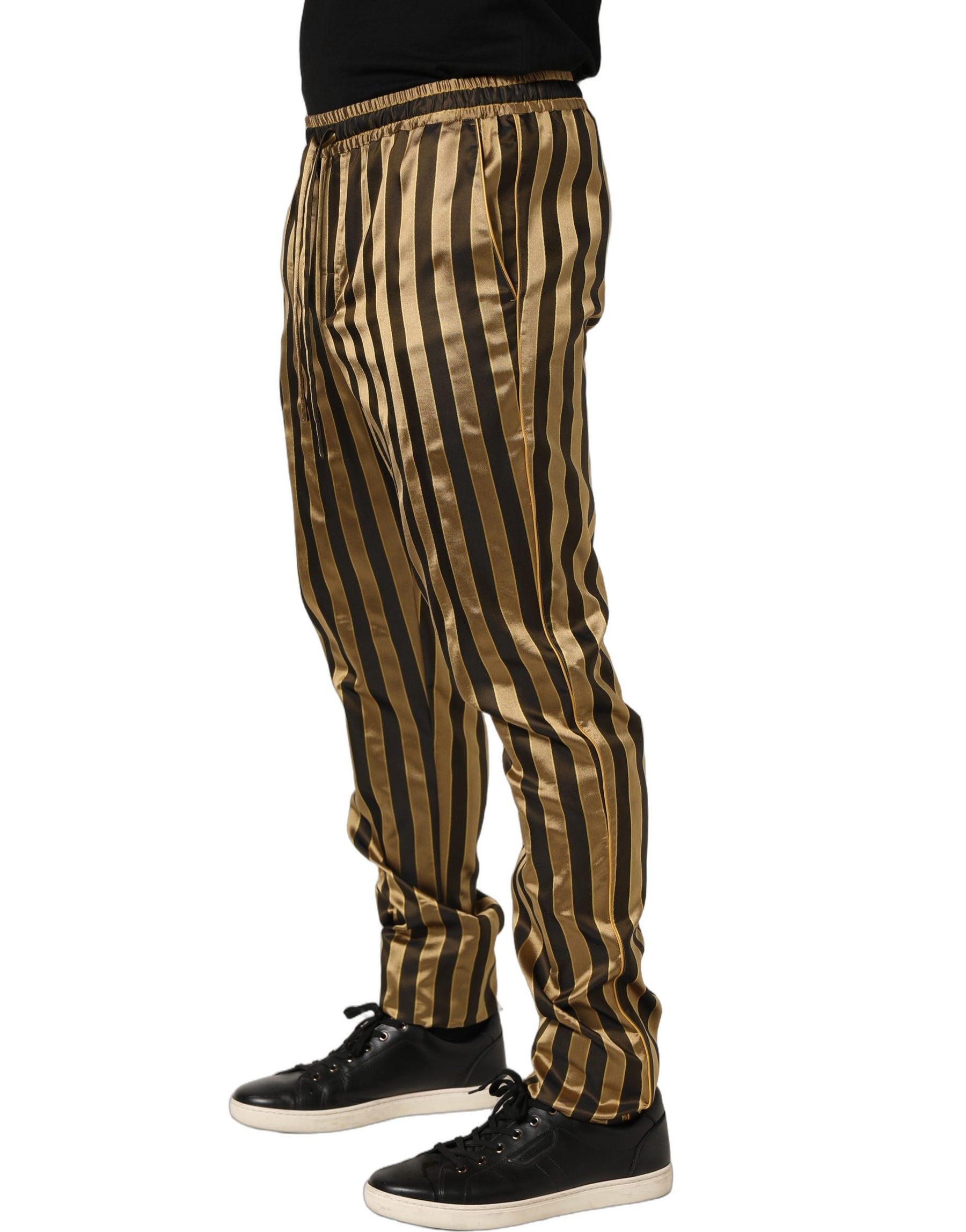 Dolce & Gabbana Gold Black Stripes Satin Tapered Leg Men Pants | Regal Royce