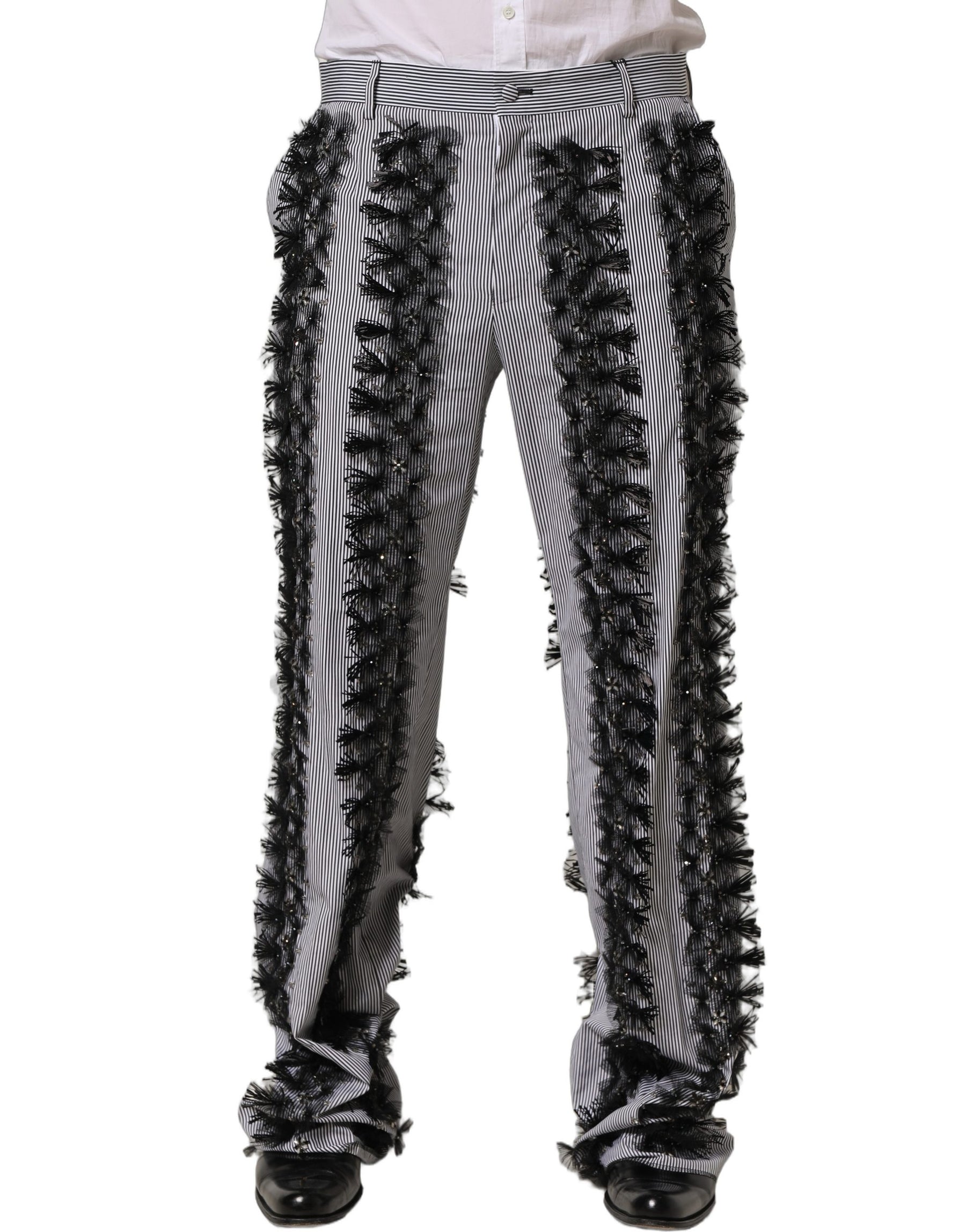 Dolce & Gabbana BlackGray Pinstripe Embellished Trouser Pants | Regal Royce