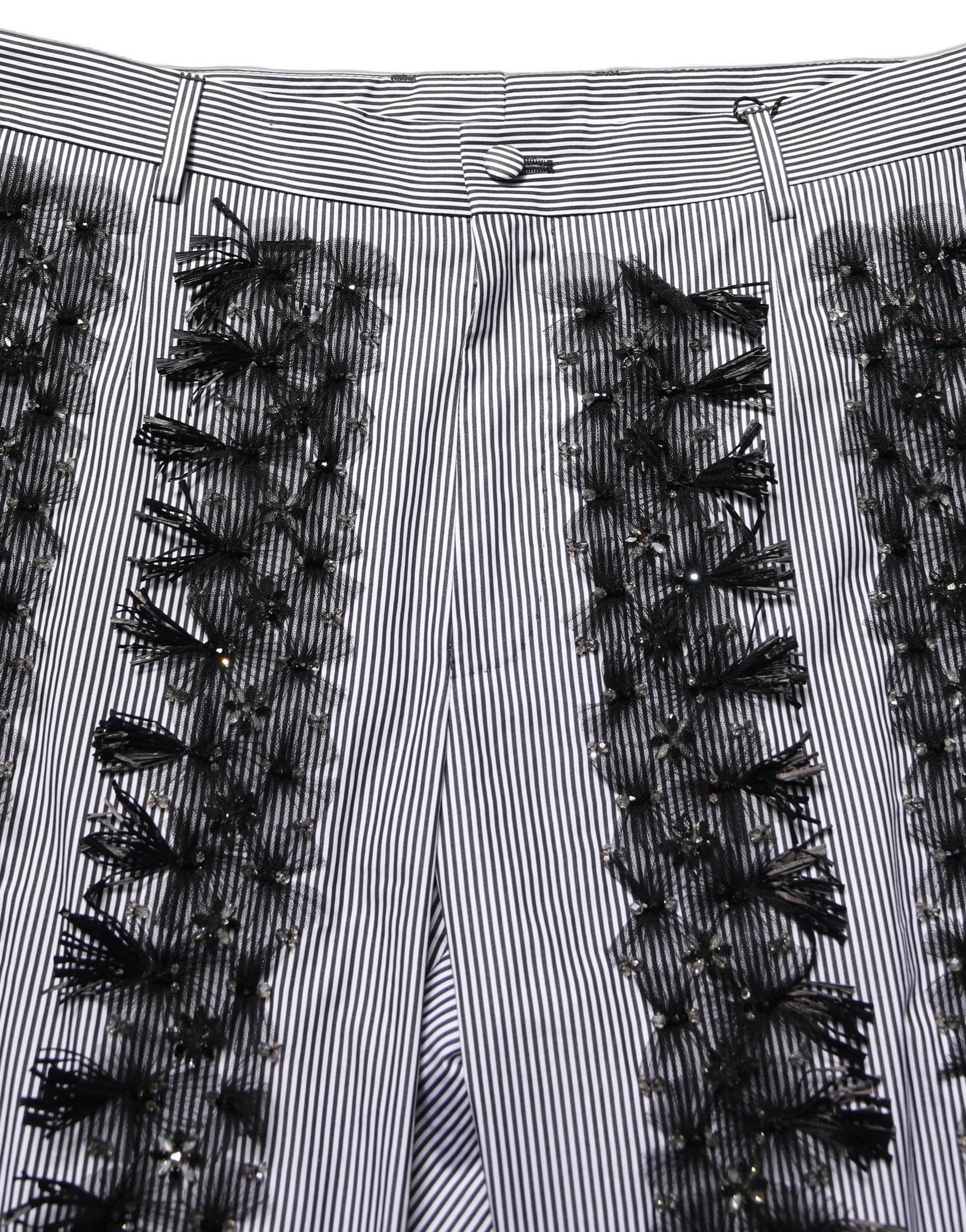 Dolce & Gabbana BlackGray Pinstripe Embellished Trouser Pants | Regal Royce