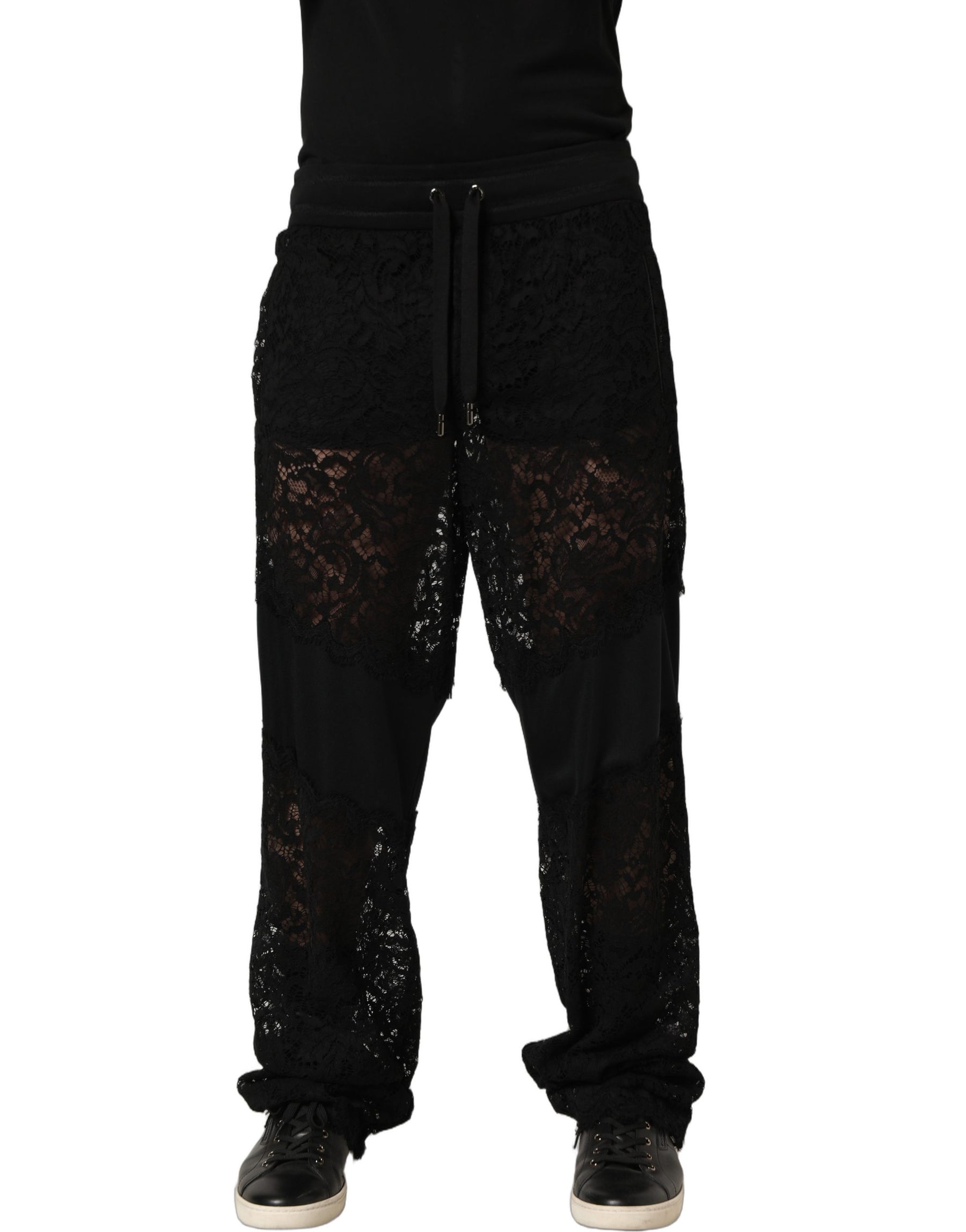 Dolce & Gabbana Black Lace Mid Waist Jogger Men Trouser Pants | Regal Royce