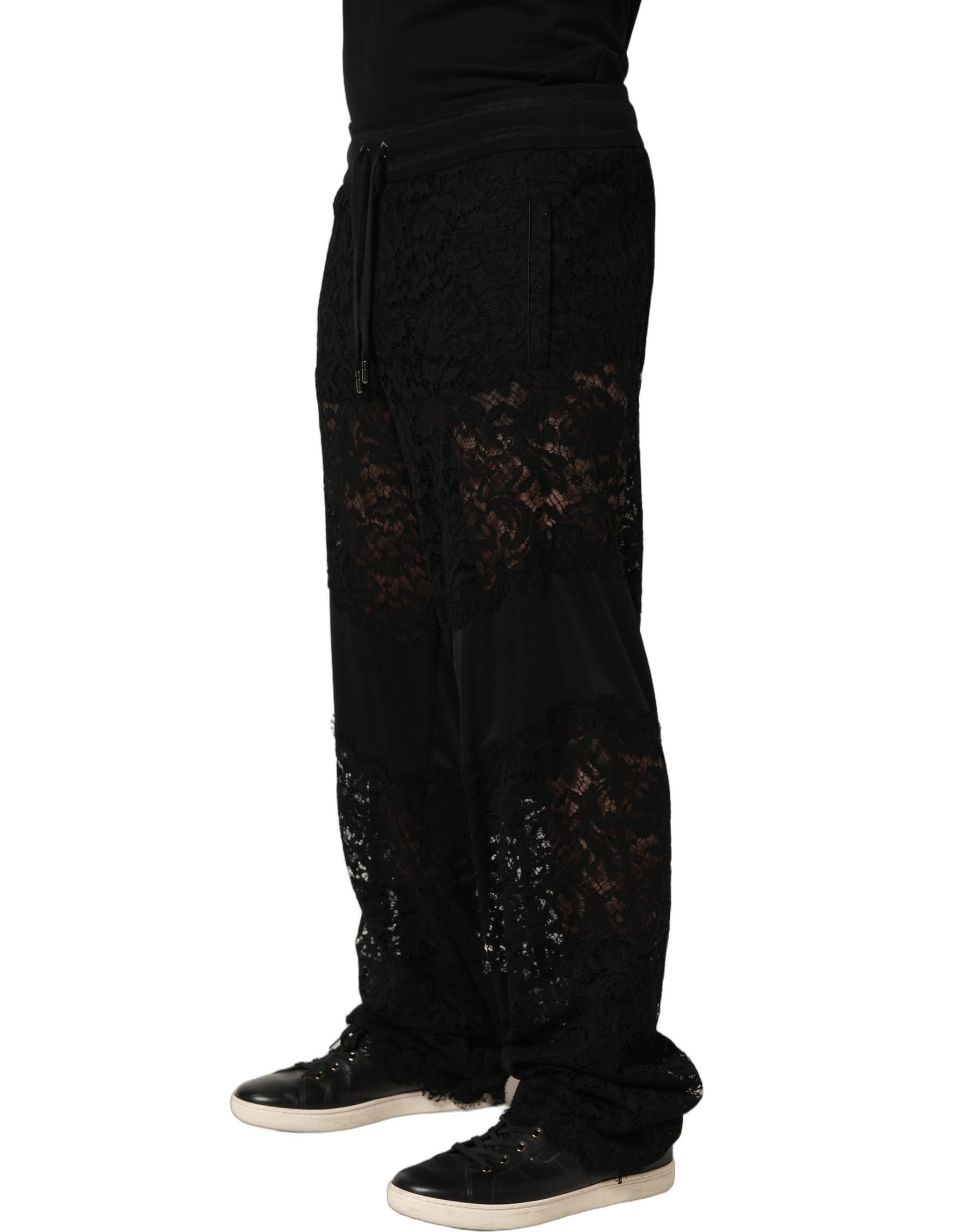Dolce & Gabbana Black Lace Mid Waist Jogger Men Trouser Pants | Regal Royce