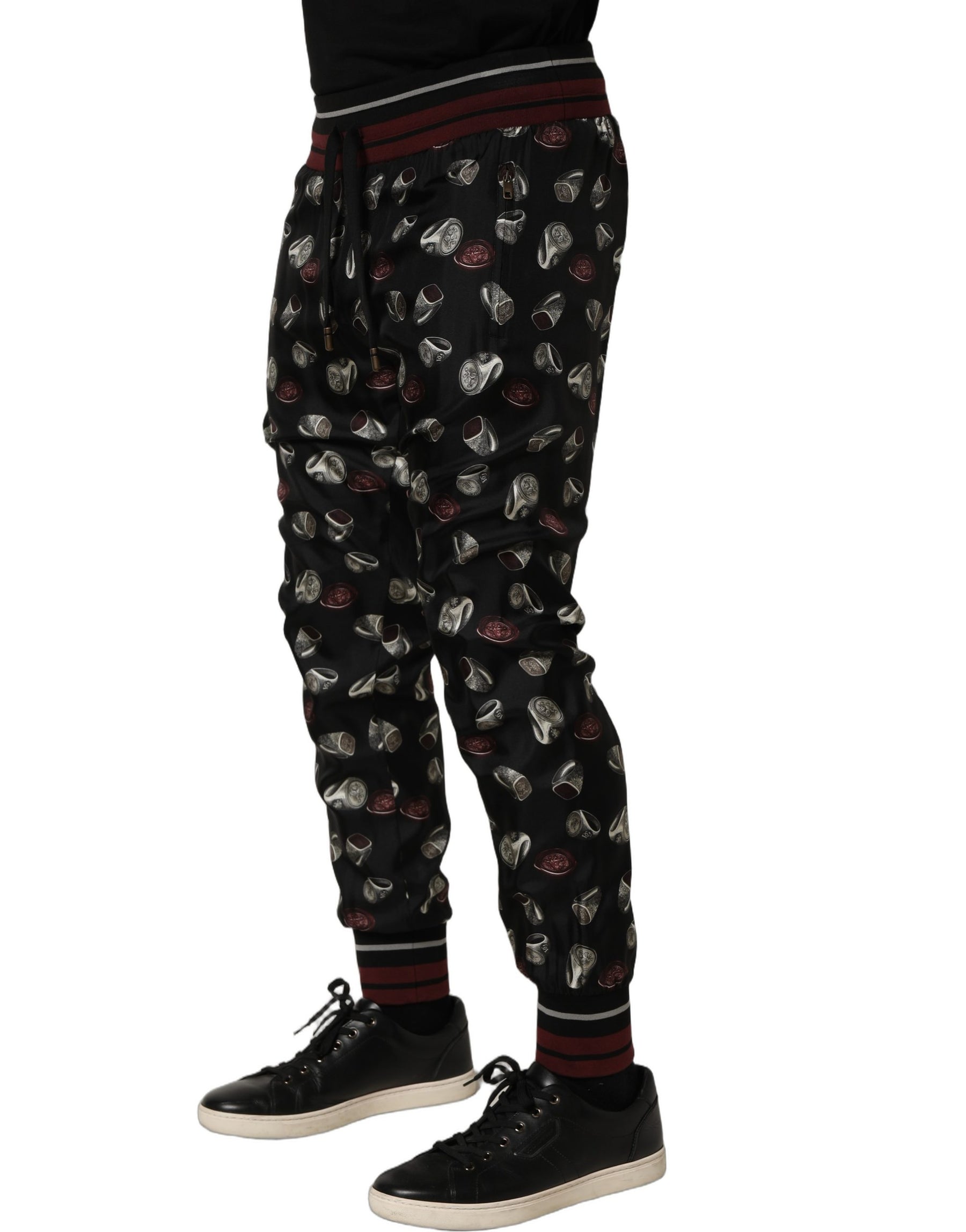 Dolce & Gabbana Pants Black Ring Print Silk Jogging Trousers | Regal Royce