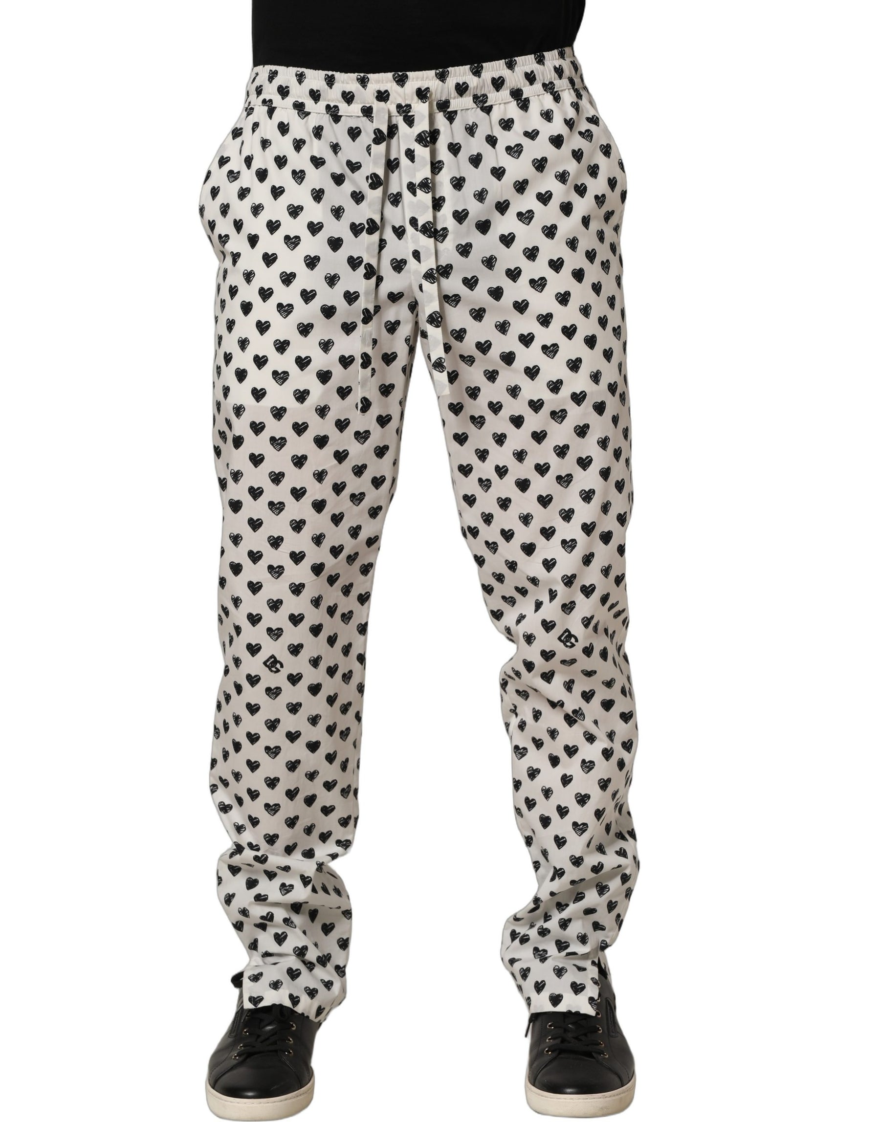 Dolce & Gabbana White Graphic Heart Print Men Trousers Pants | Regal Royce
