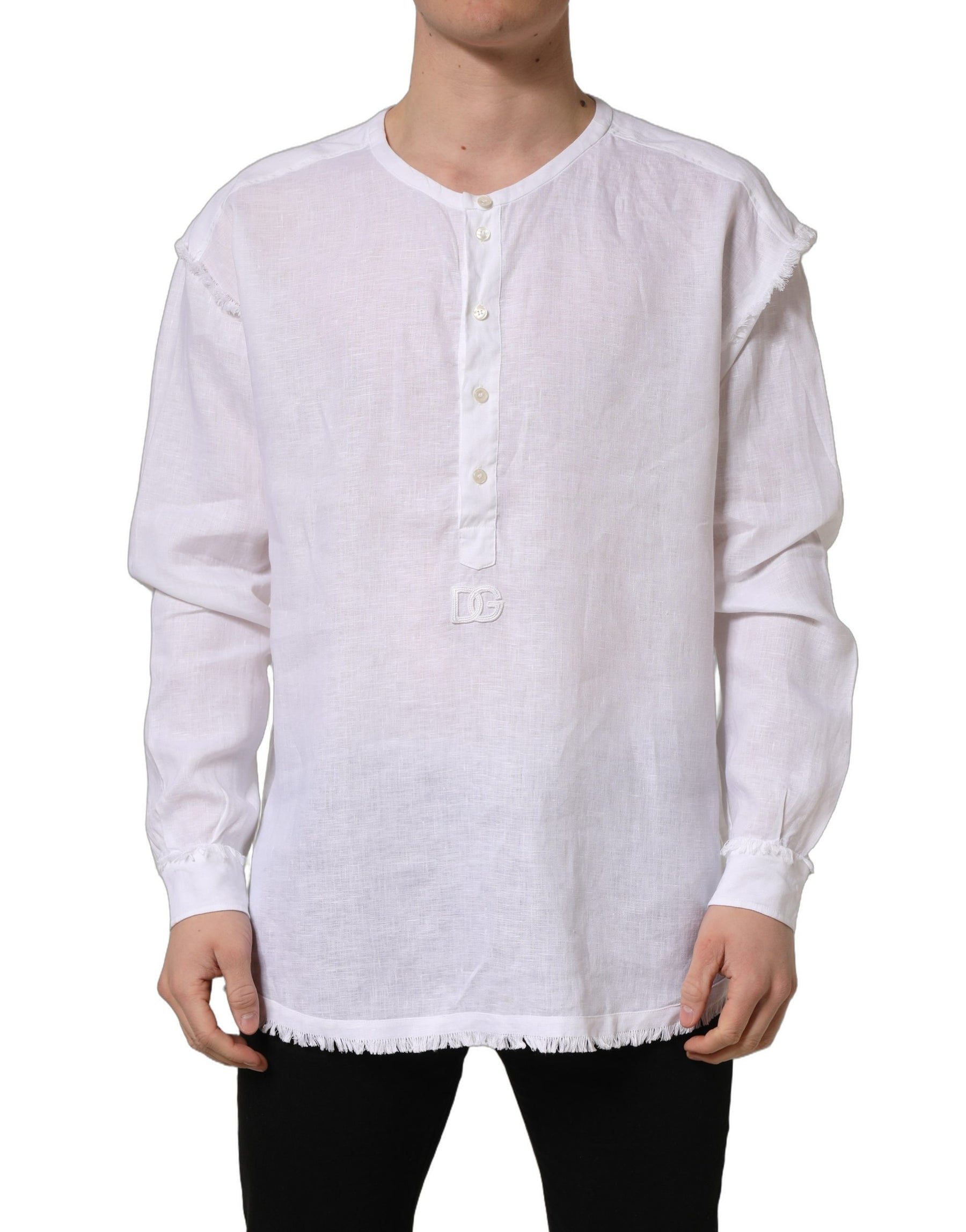 Dolce & Gabbana White Linen Logo Long Sleeves Casual Shirt | Regal Royce