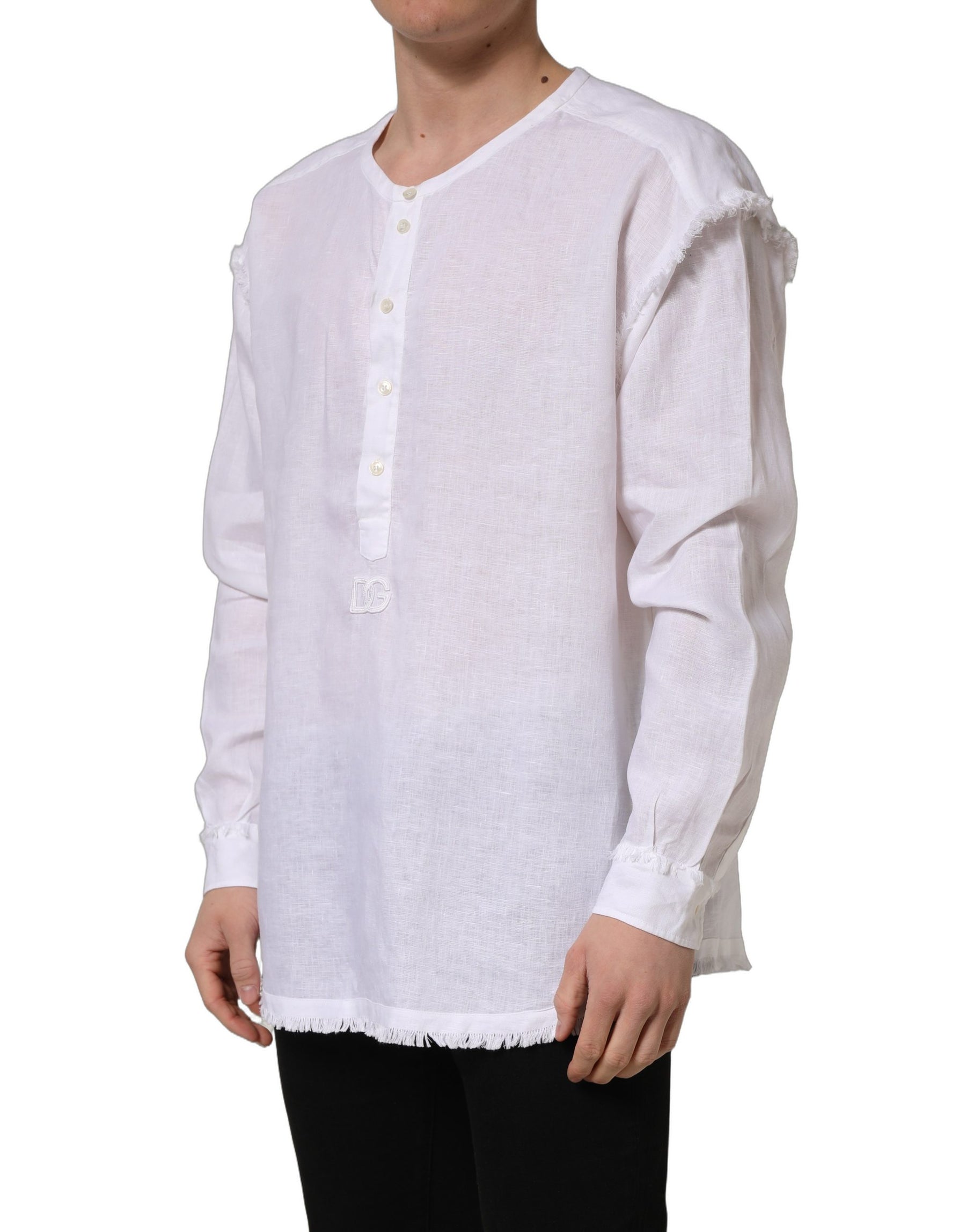 Dolce & Gabbana White Linen Logo Long Sleeves Casual Shirt | Regal Royce