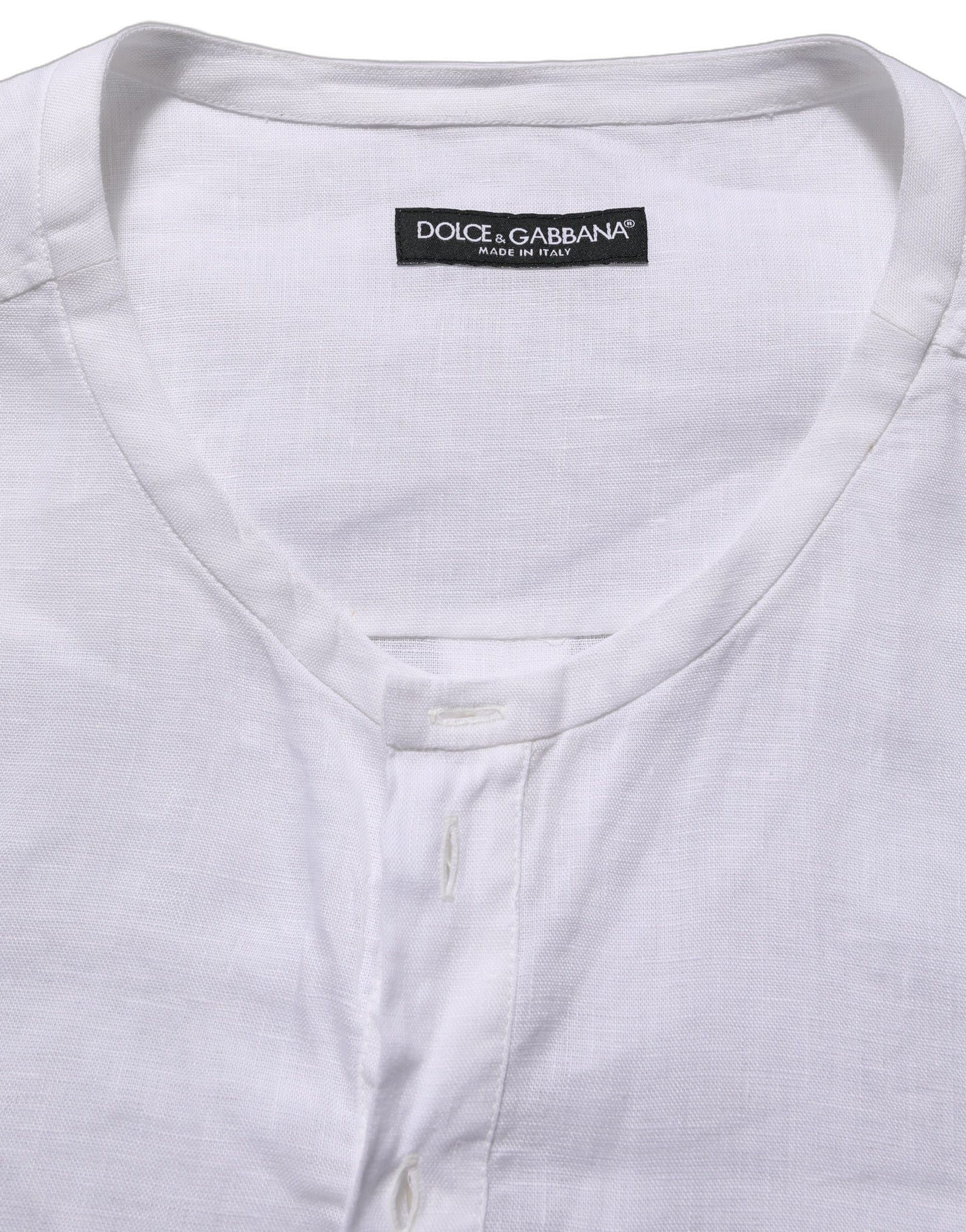 Dolce & Gabbana White Linen Logo Long Sleeves Casual Shirt | Regal Royce