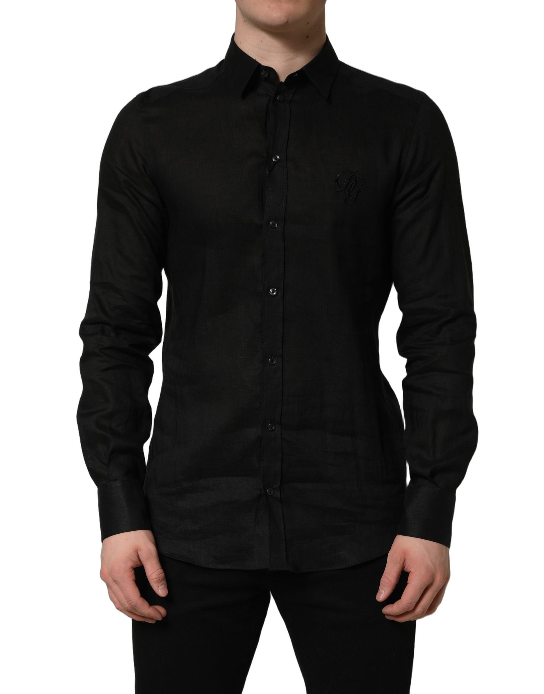 Dolce & Gabbana Black MARTINI Long Sleeves Linen Dess Shirt | Regal Royce