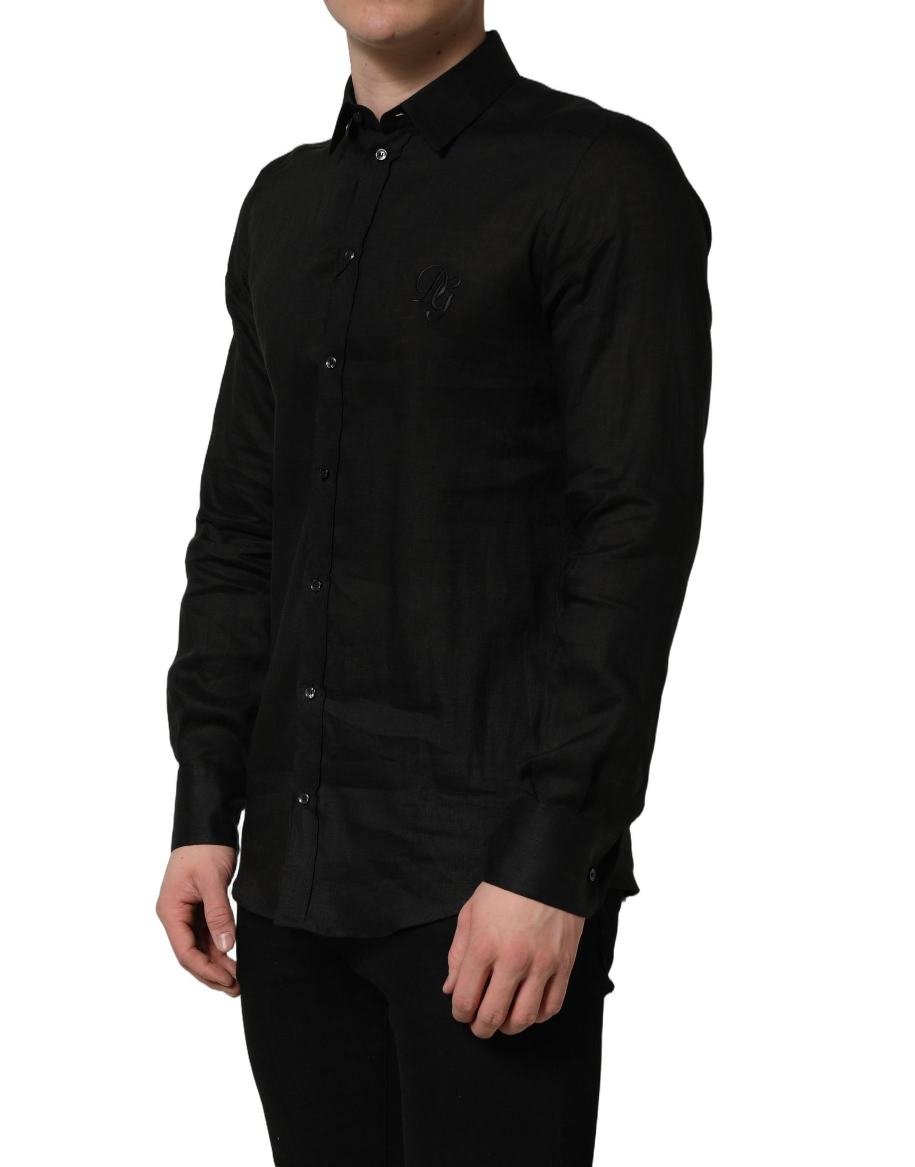 Dolce & Gabbana Black MARTINI Long Sleeves Linen Dess Shirt | Regal Royce