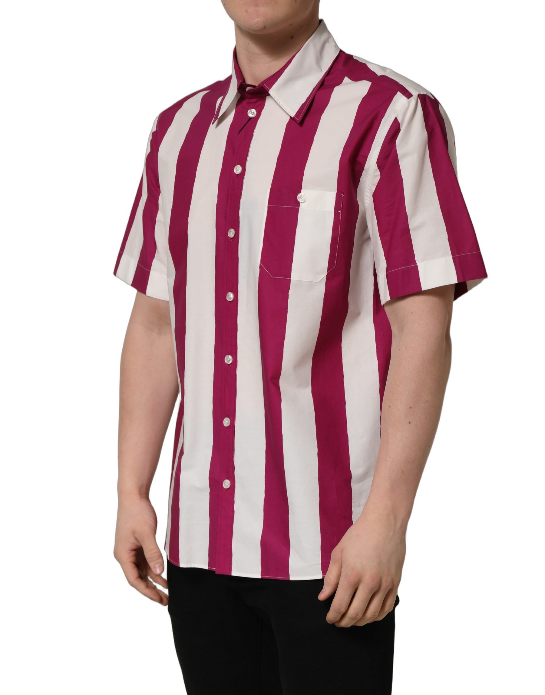 Dolce & Gabbana White Maroon Striped Men Short Sleeves Shirt | Regal Royce