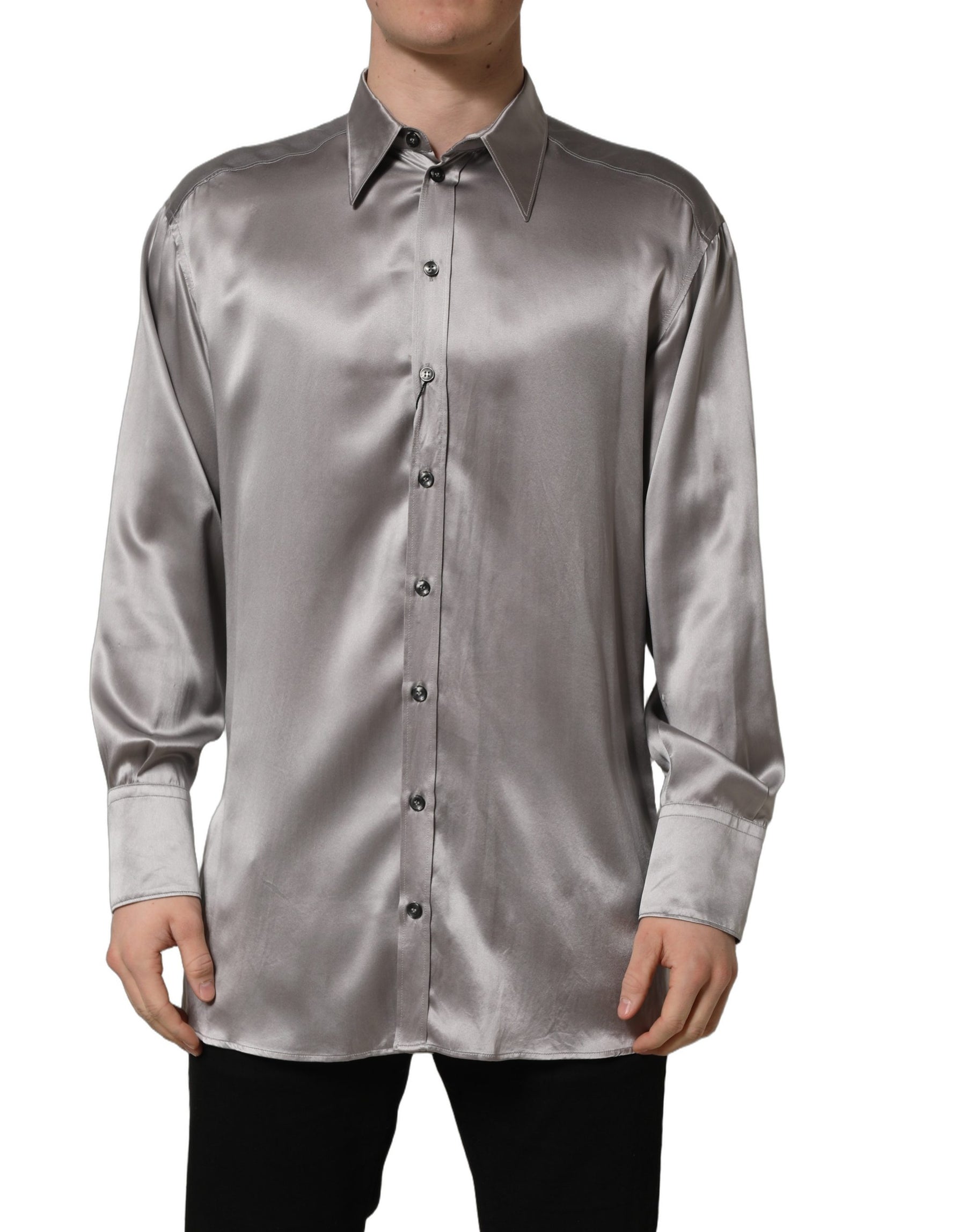 Dolce & Gabbana Metallic Grey Satin Silk Formal Dress Shirt | Regal Royce