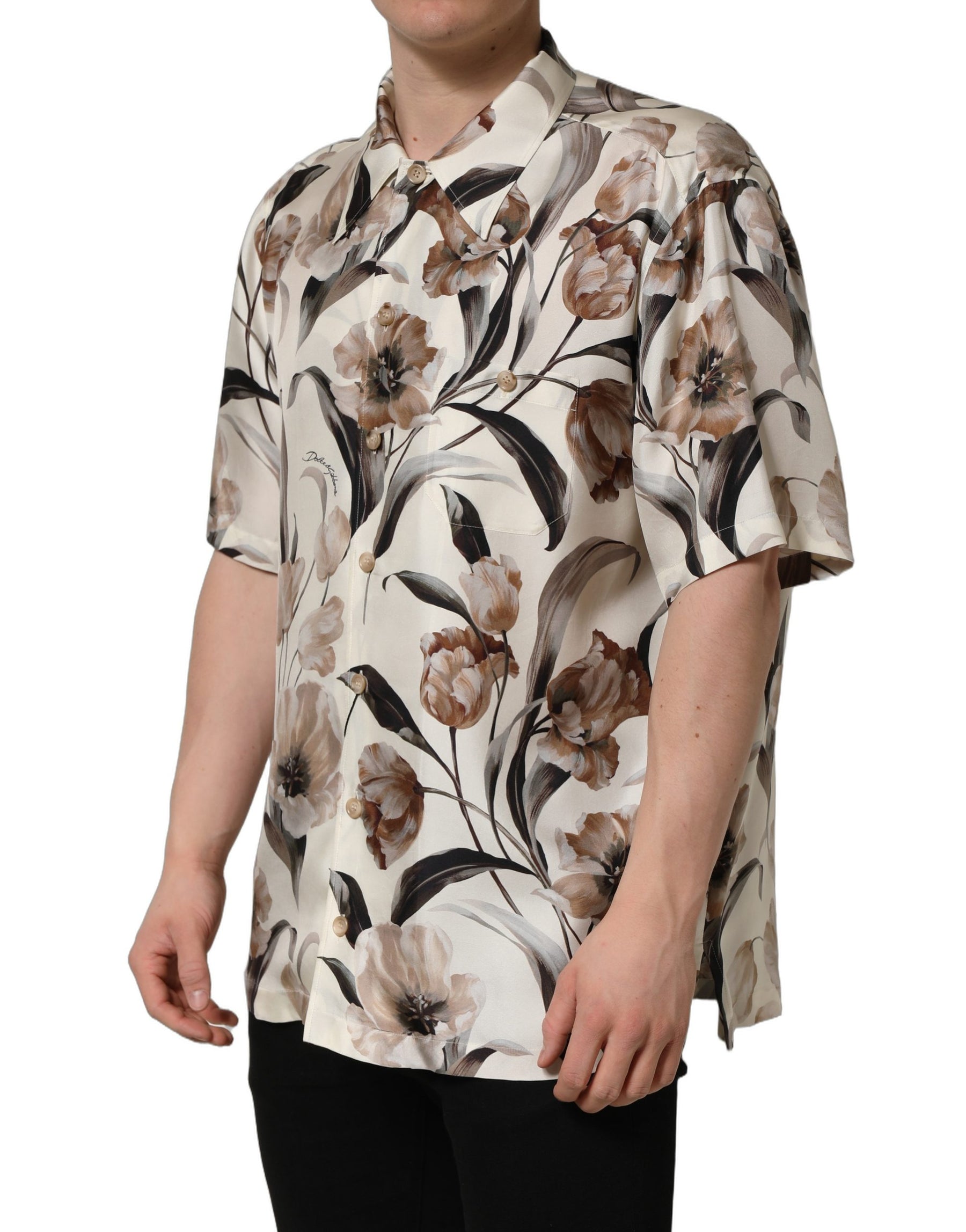 Dolce & Gabbana Beige Tulip Print Silk Short Sleeves Shirt | Regal Royce