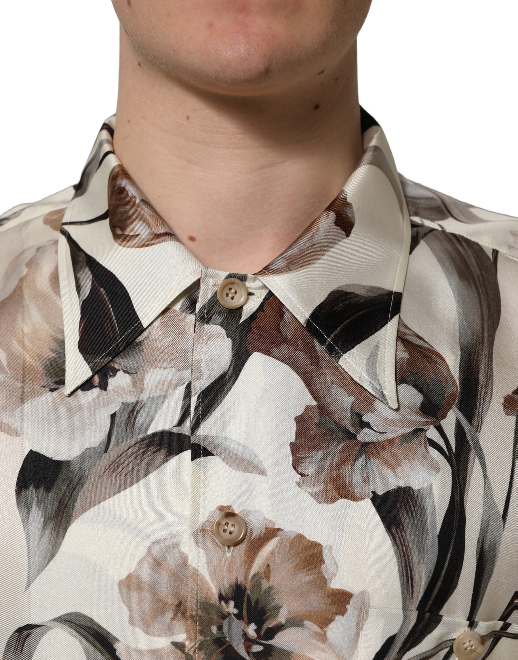 Dolce & Gabbana Beige Tulip Print Silk Short Sleeves Shirt | Regal Royce