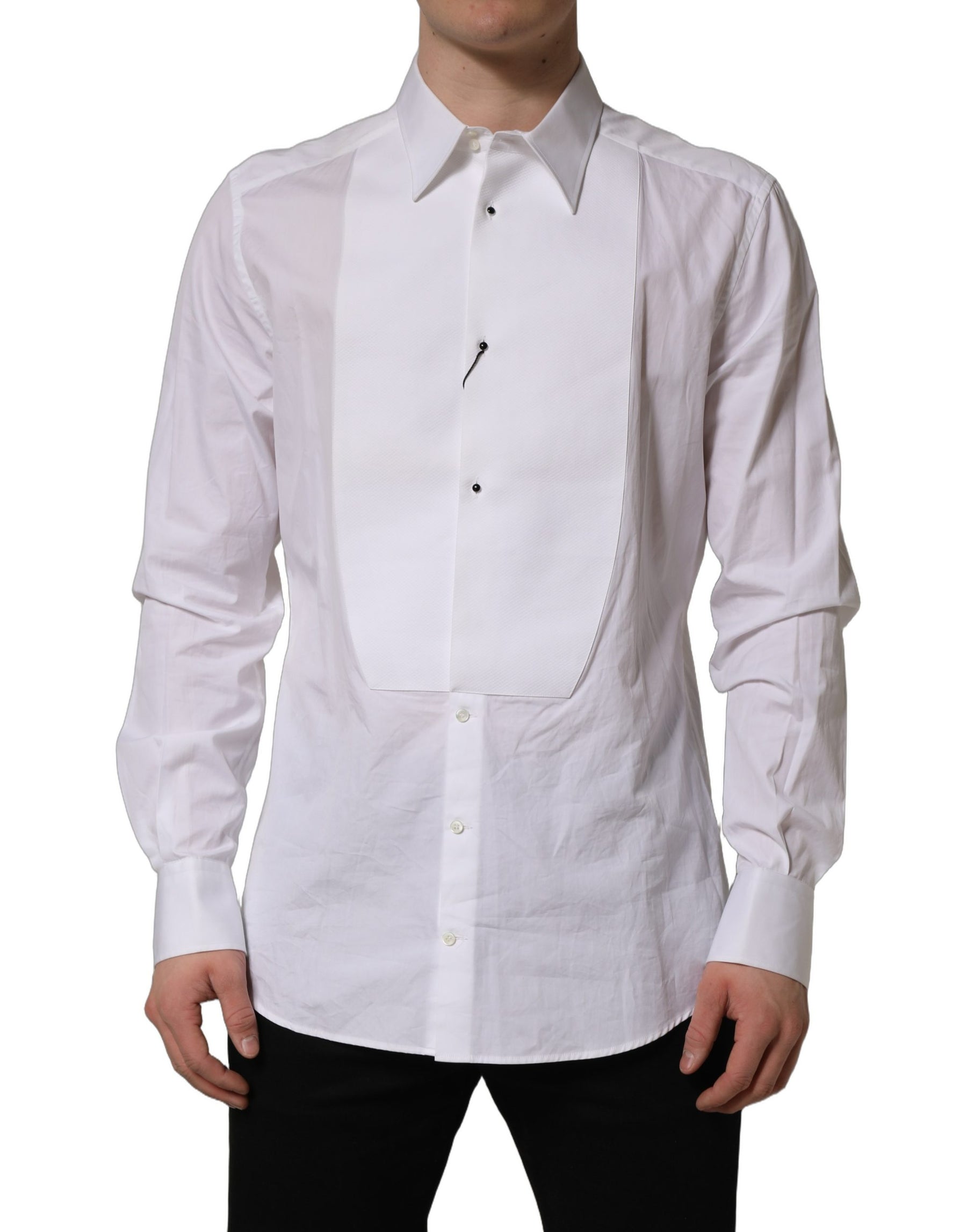 Dolce & Gabbana White GOLD Long Sleeves Bib Men Dress Shirt | Regal Royce