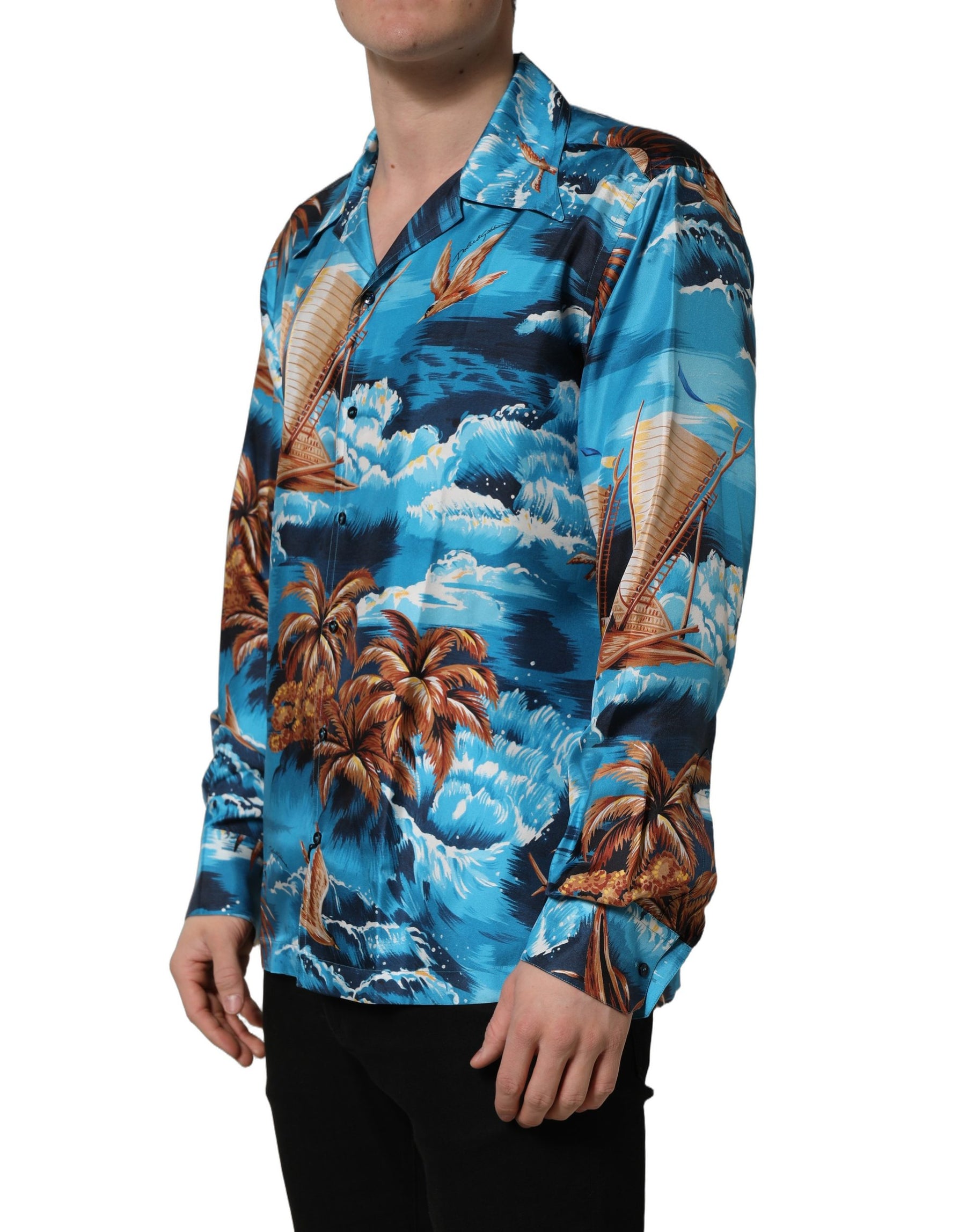 Dolce & Gabbana Blue Silk Twill Hawaiian GraphicPrint Shirt | Regal Royce
