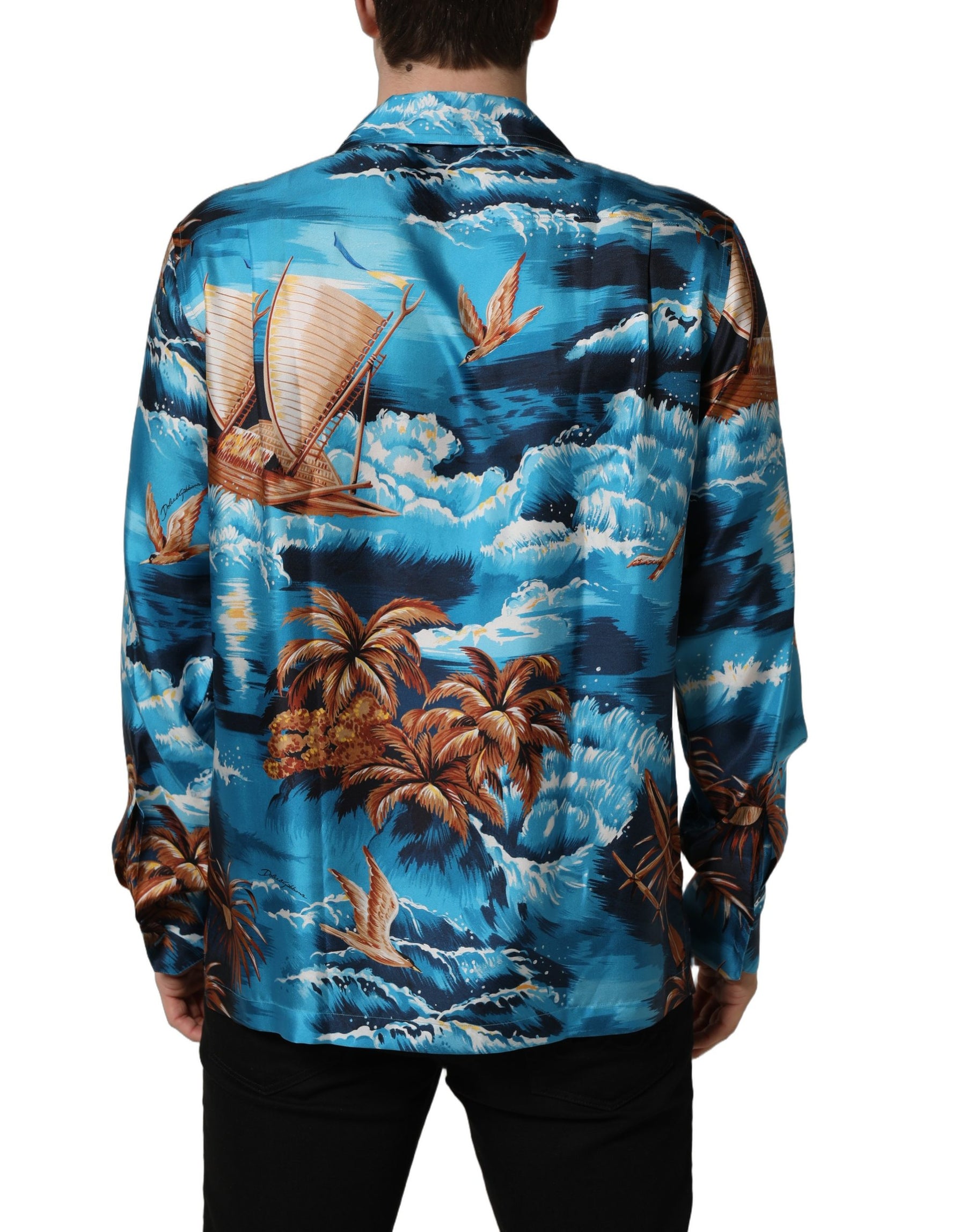 Dolce & Gabbana Blue Silk Twill Hawaiian GraphicPrint Shirt | Regal Royce