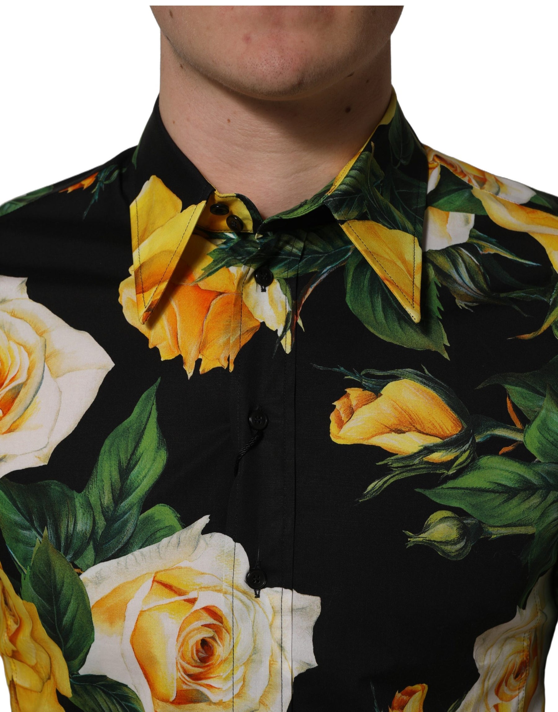 Dolce & Gabbana Black Floral Stretch Cotton SICILIA Fit Dress Shirt | Regal Royce