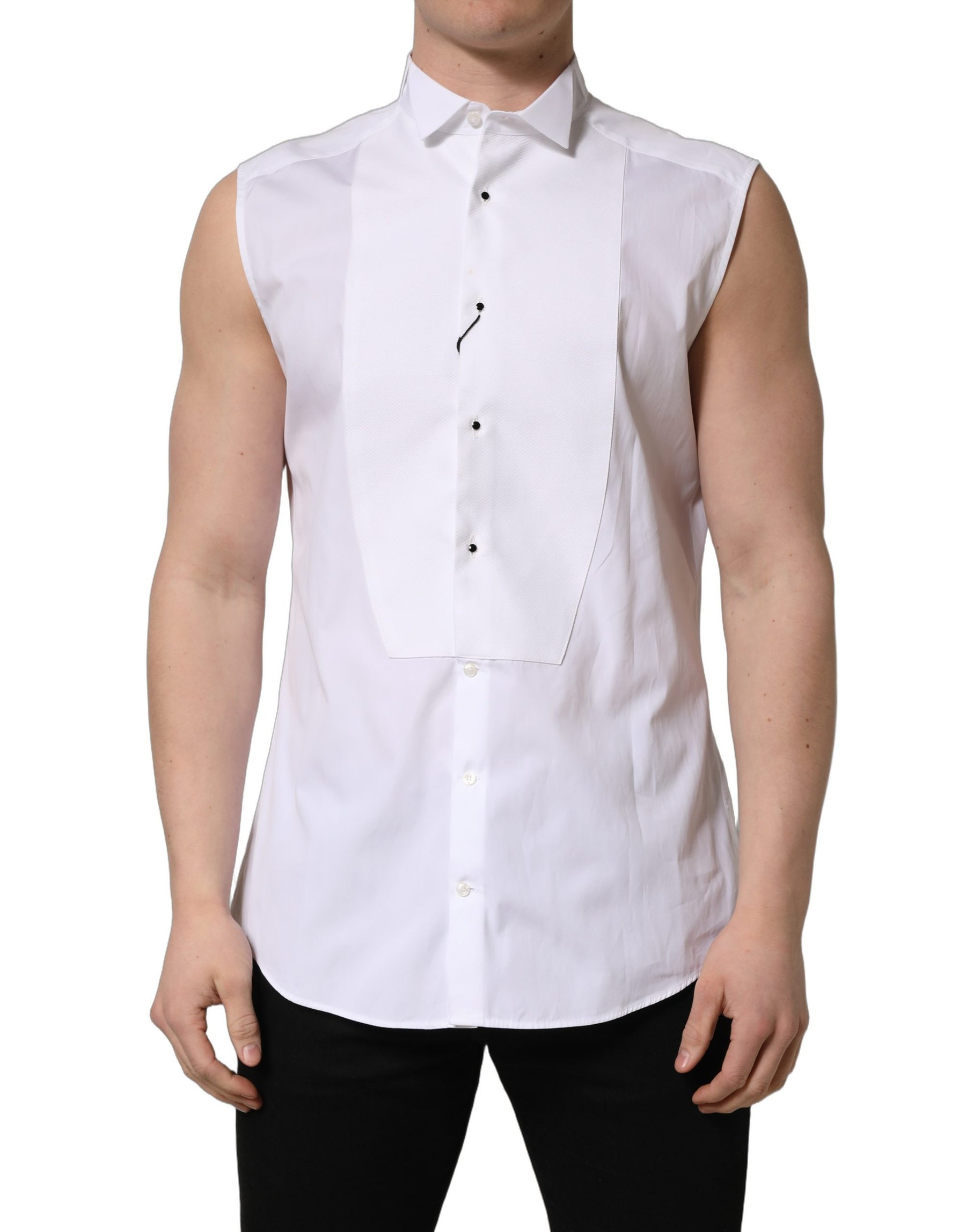 Dolce & Gabbana White Cotton MARTINI Sleeveless Men Dress Shirt | Regal Royce