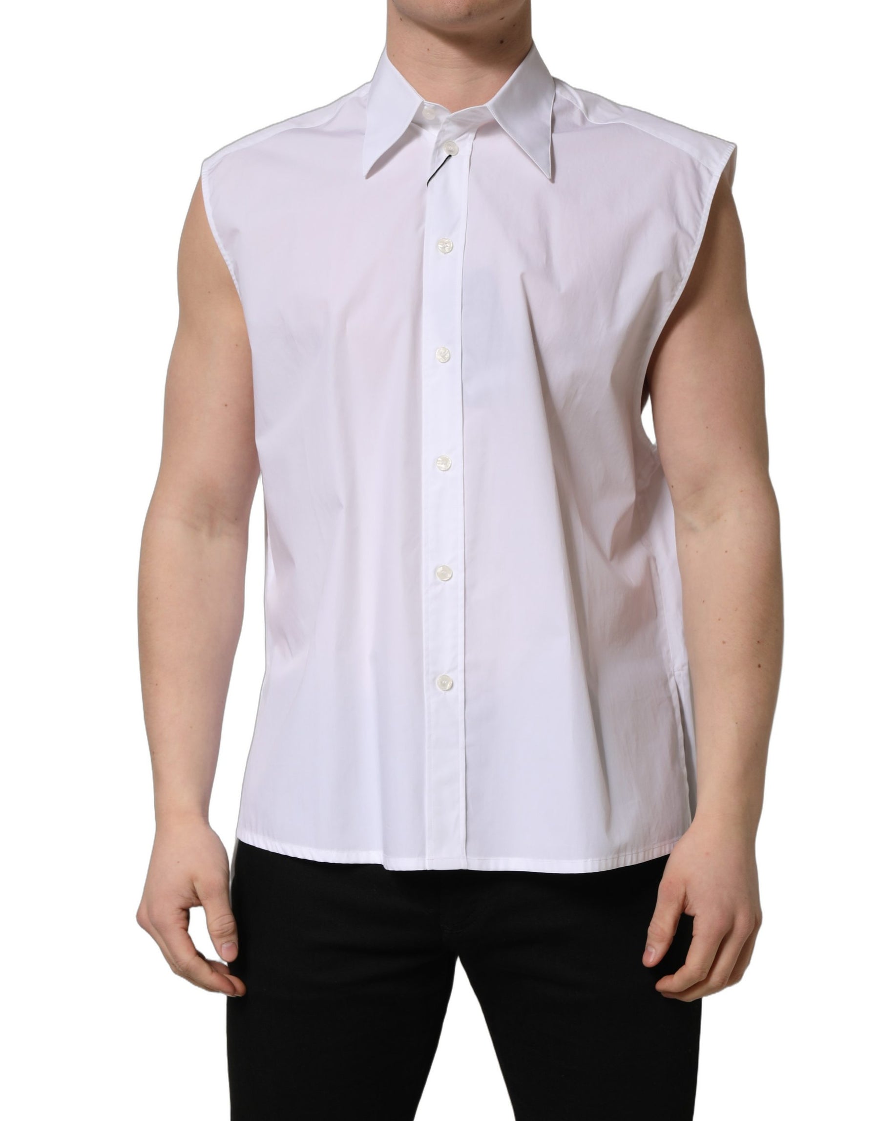 Dolce & Gabbana White Cotton Sleeveless Formal Dress Shirt | Regal Royce