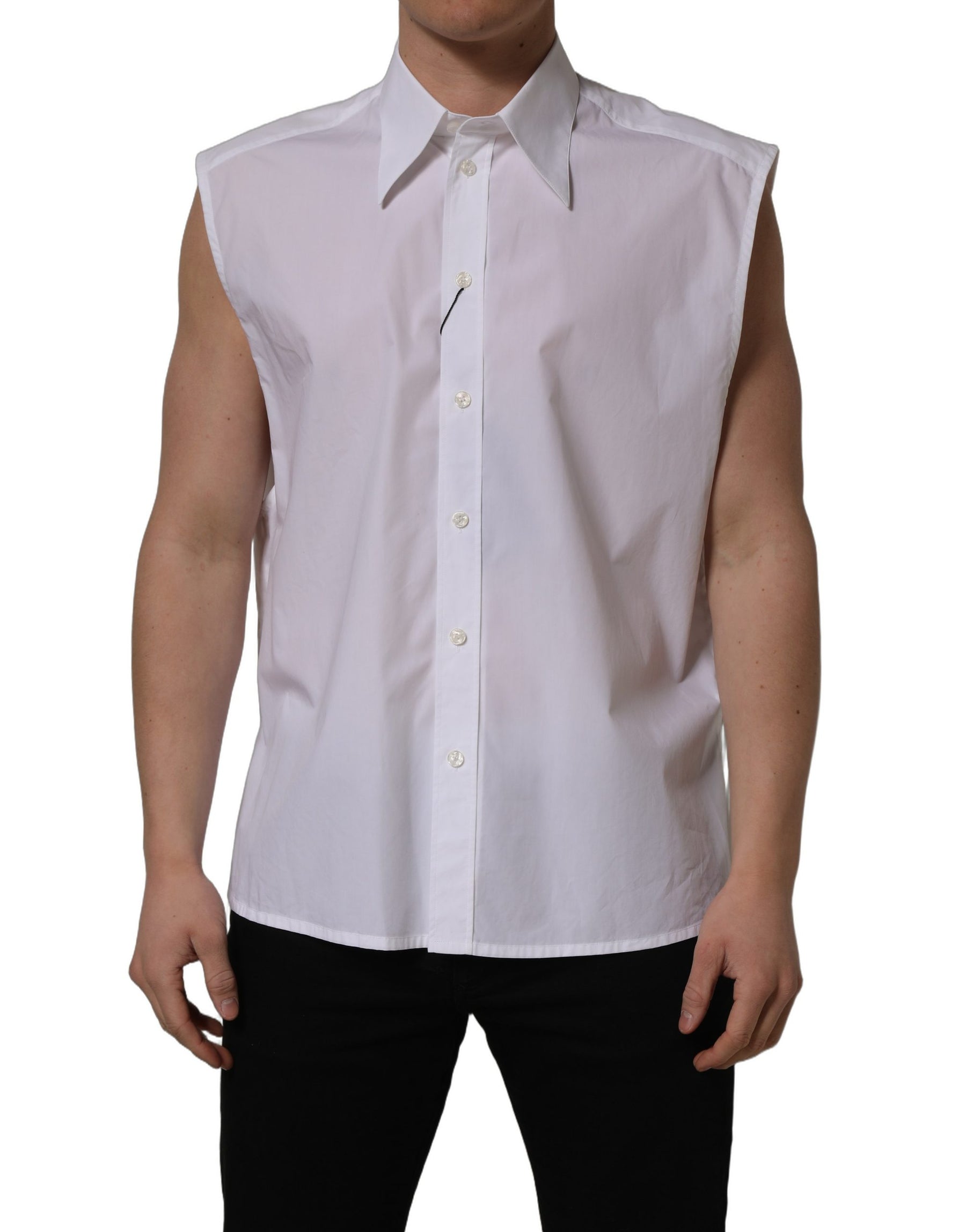Dolce & Gabbana White Cotton Sleeveless Formal Dress Shirt | Regal Royce