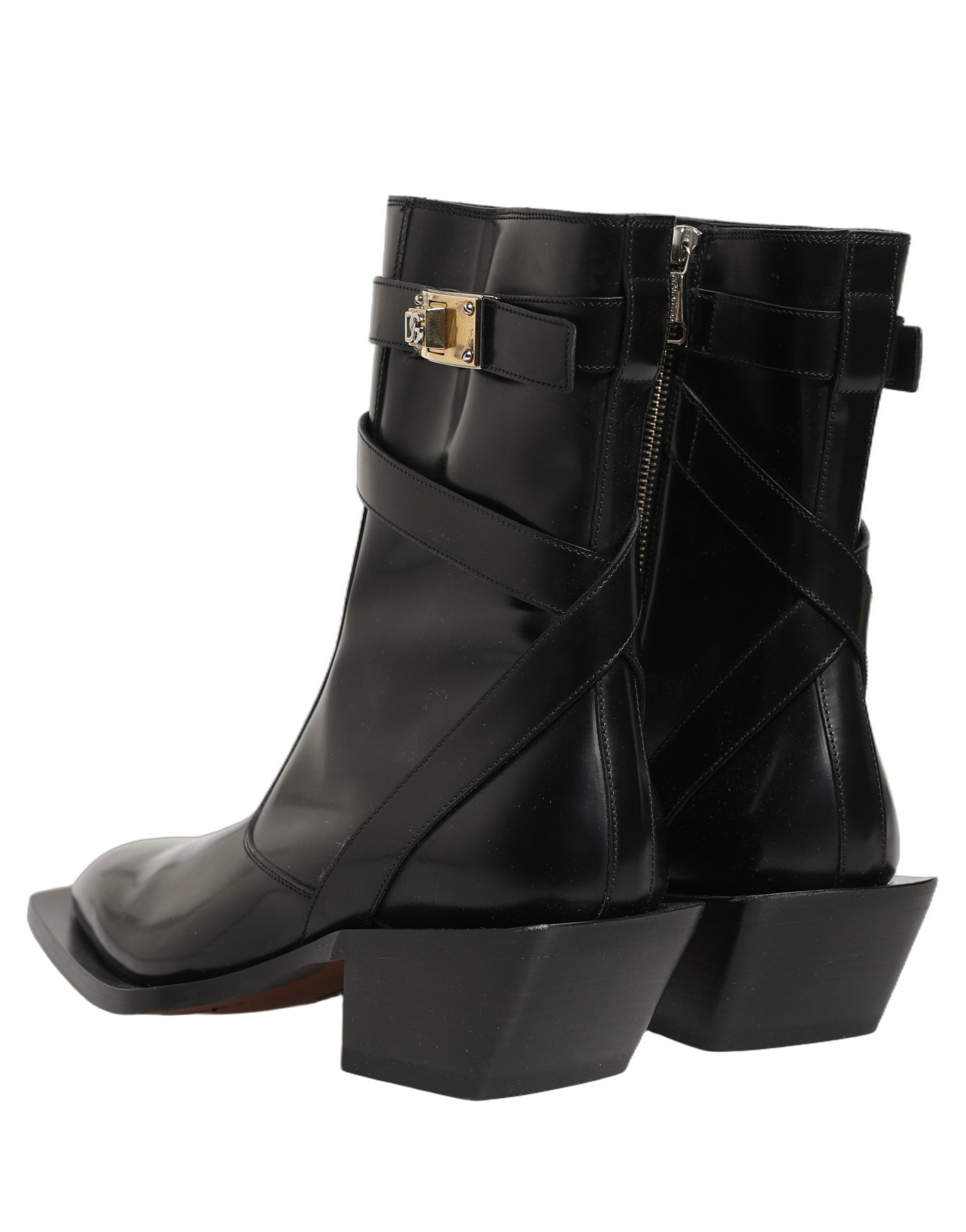 Dolce & Gabbana Black Leather DG Plaque Mid Calf Boots Shoes | Regal Royce
