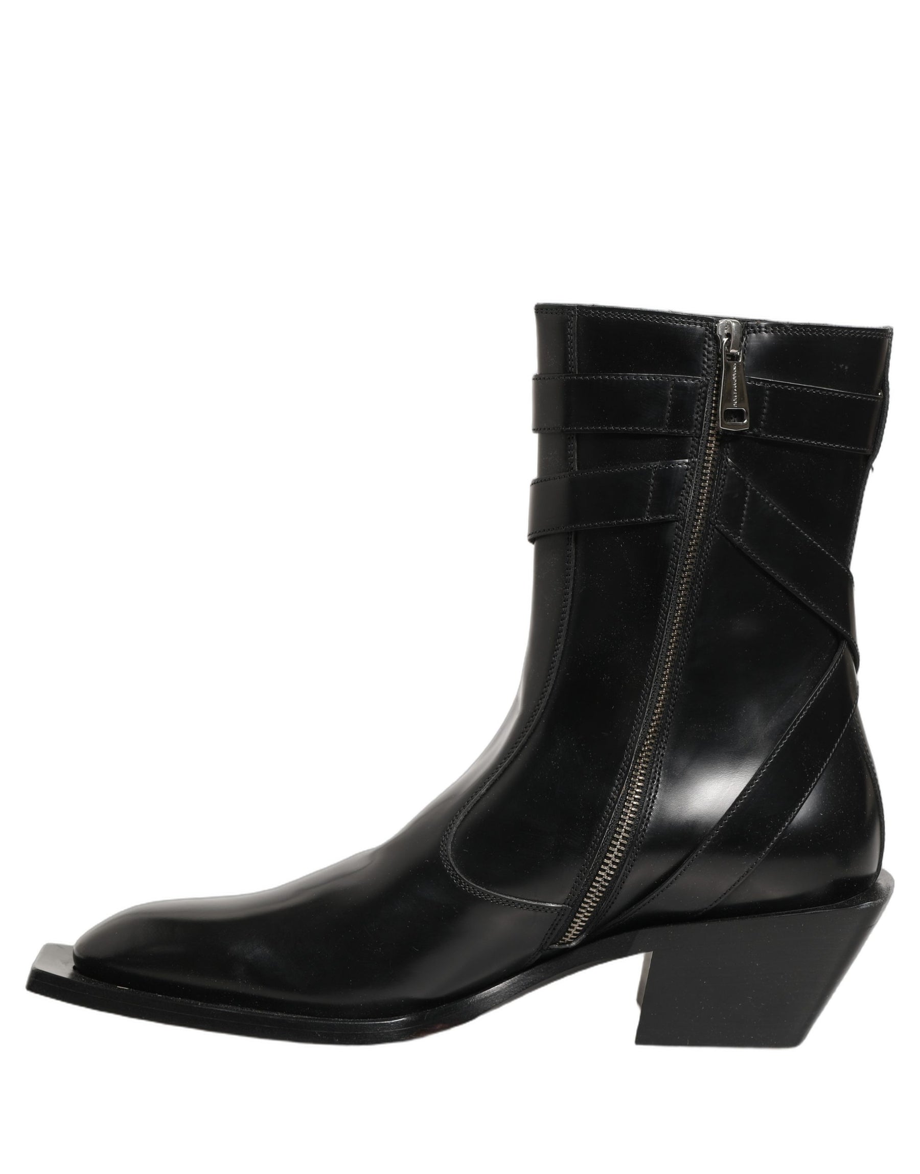 Dolce & Gabbana Black Leather DG Plaque Mid Calf Boots Shoes | Regal Royce
