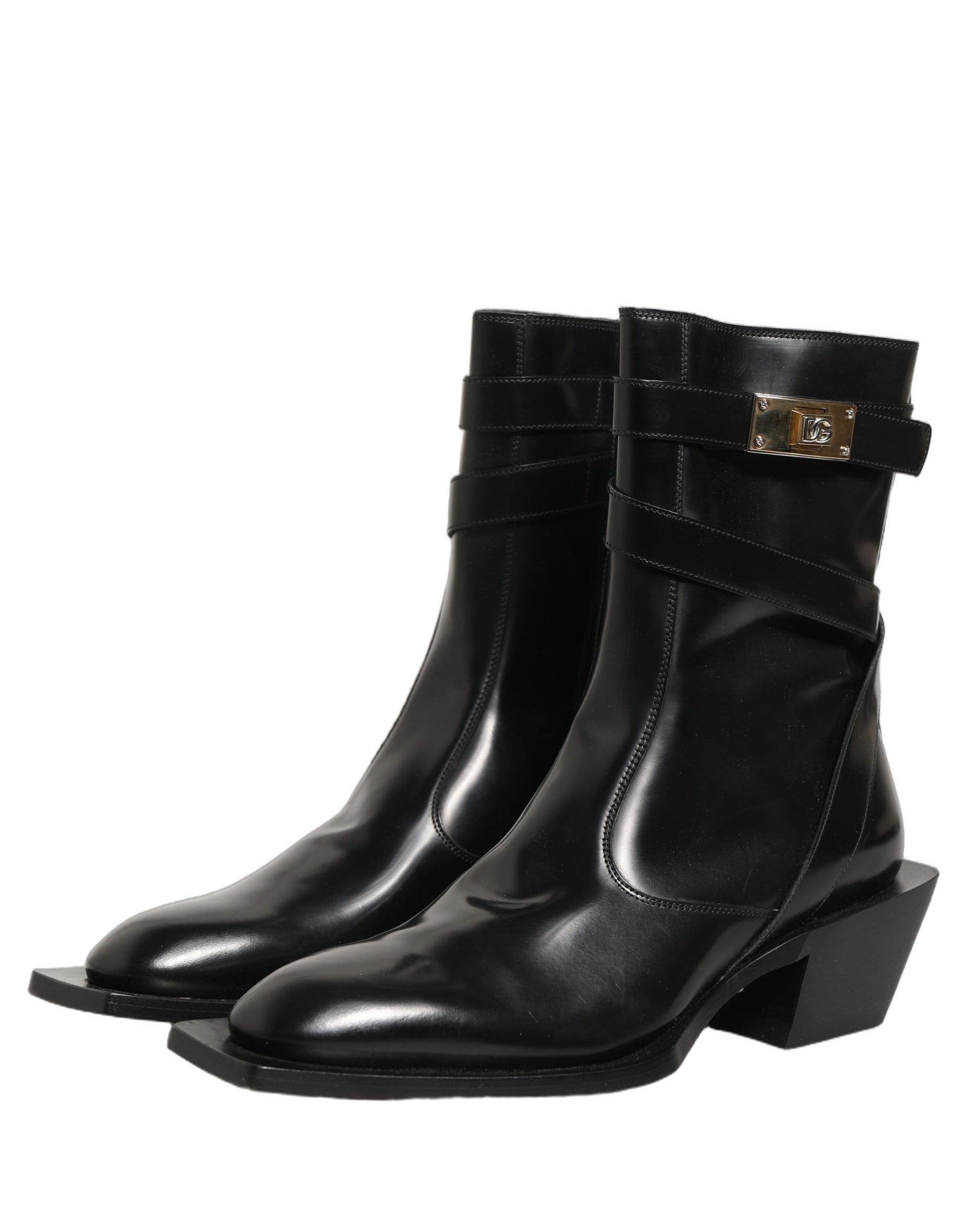 Dolce & Gabbana Black Leather DG Plaque Mid Calf Boots Shoes | Regal Royce