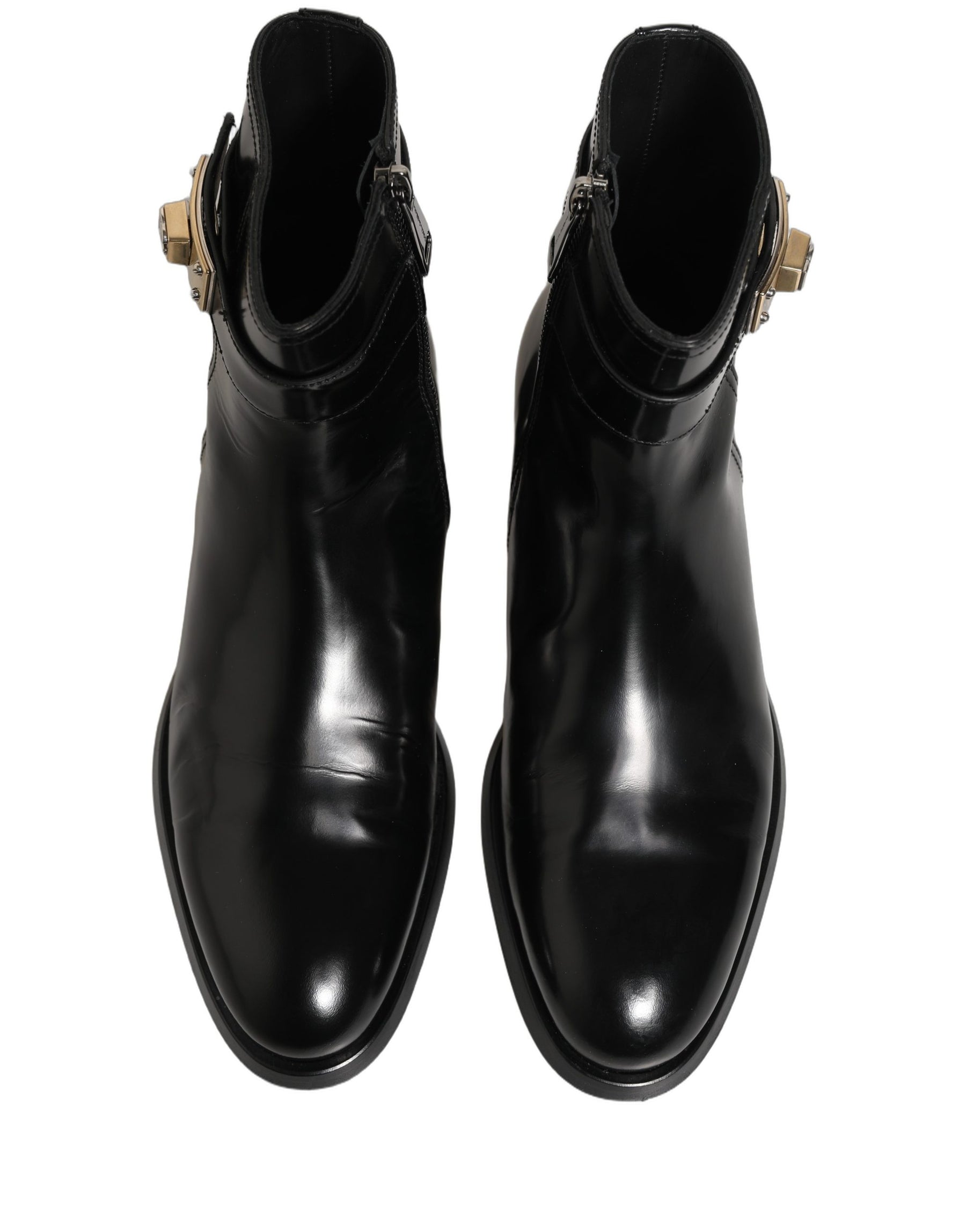 Dolce & Gabbana Black Leather Logo Buckle Mid Calf Boots Shoes | Regal Royce