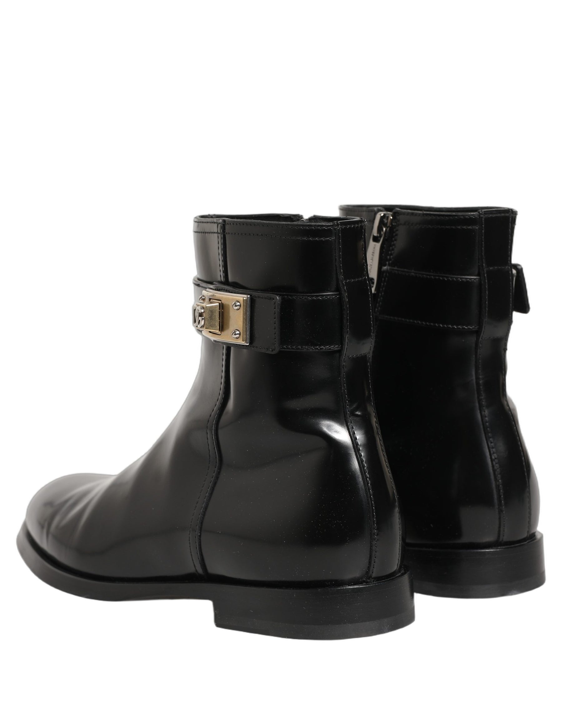 Dolce & Gabbana Black Leather Logo Buckle Mid Calf Boots Shoes | Regal Royce