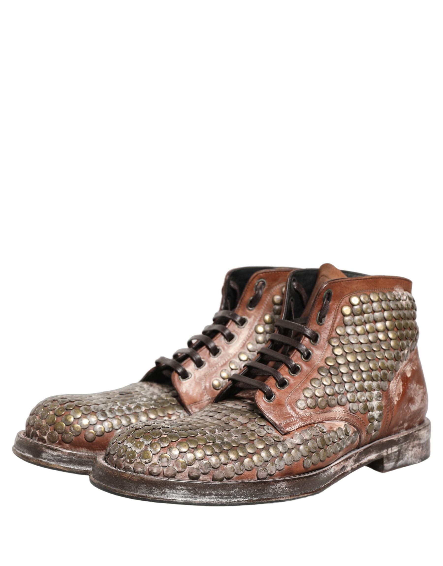 Dolce & Gabbana Brown Leather Runway Studs Ankle Boots Shoes | Regal Royce