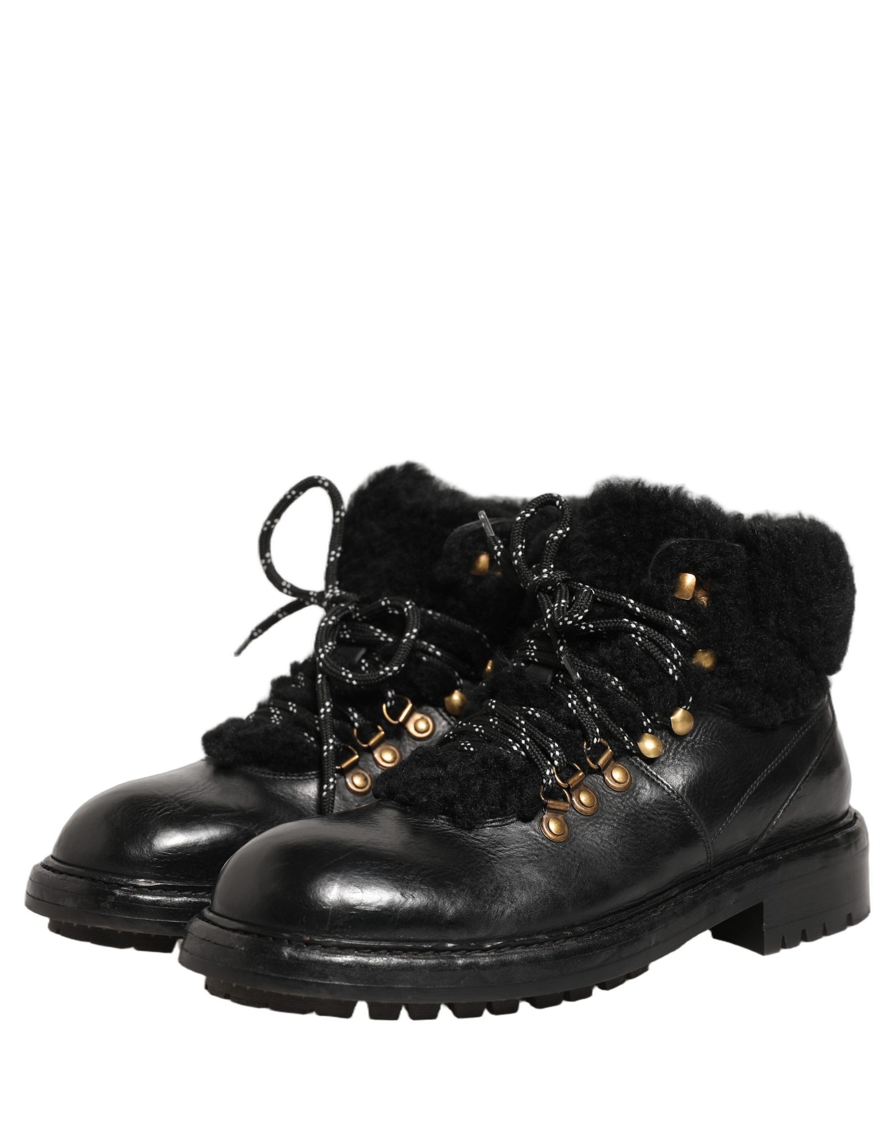 Dolce & Gabbana Black Trekking Fur Lace Leather Boots Shoes | Regal Royce