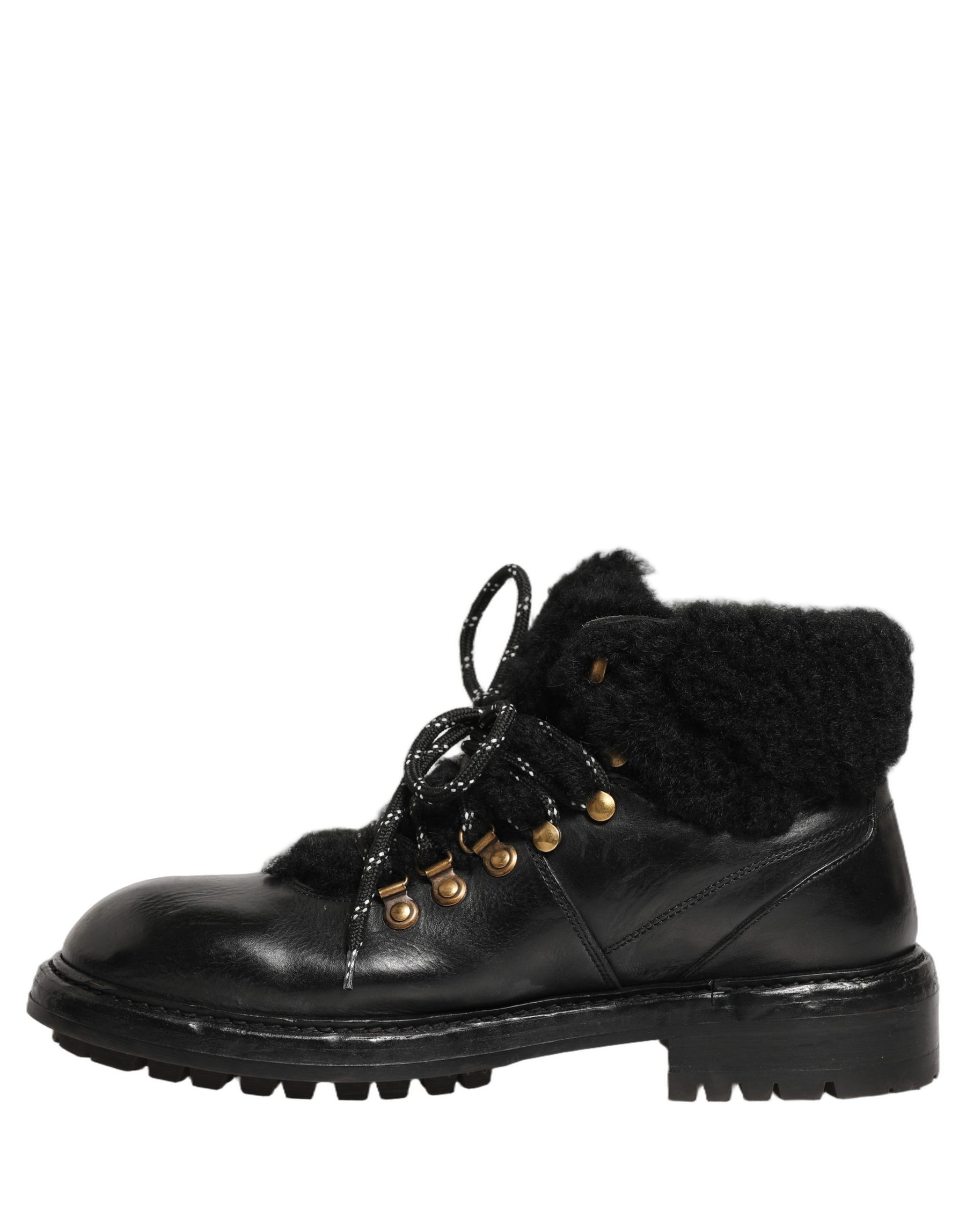 Dolce & Gabbana Black Trekking Fur Lace Leather Boots Shoes | Regal Royce