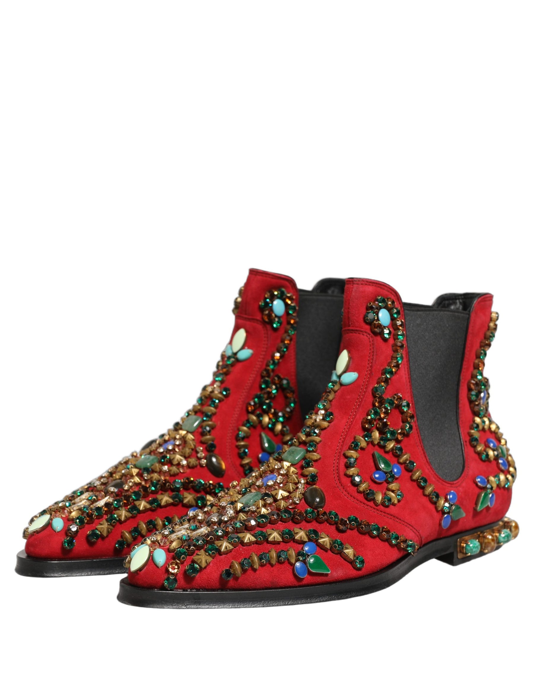 Dolce & Gabbana Red Embellished Chelsea Ankle Boots Shoes | Regal Royce