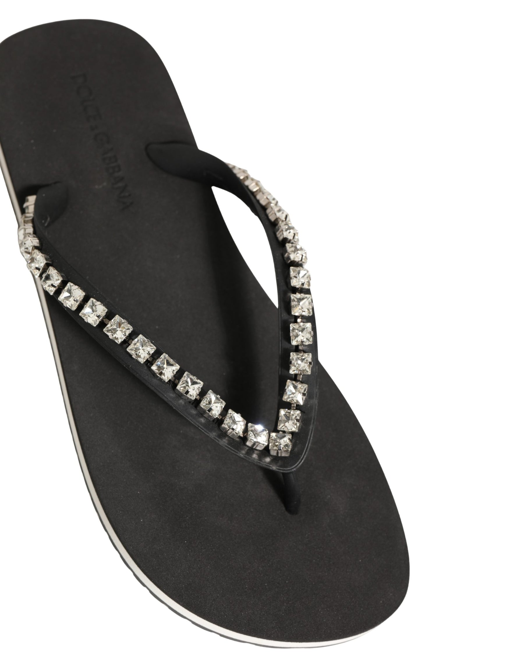 Dolce & Gabbana Black Embellished Rubber Flip Flops Men Shoes | Regal Royce