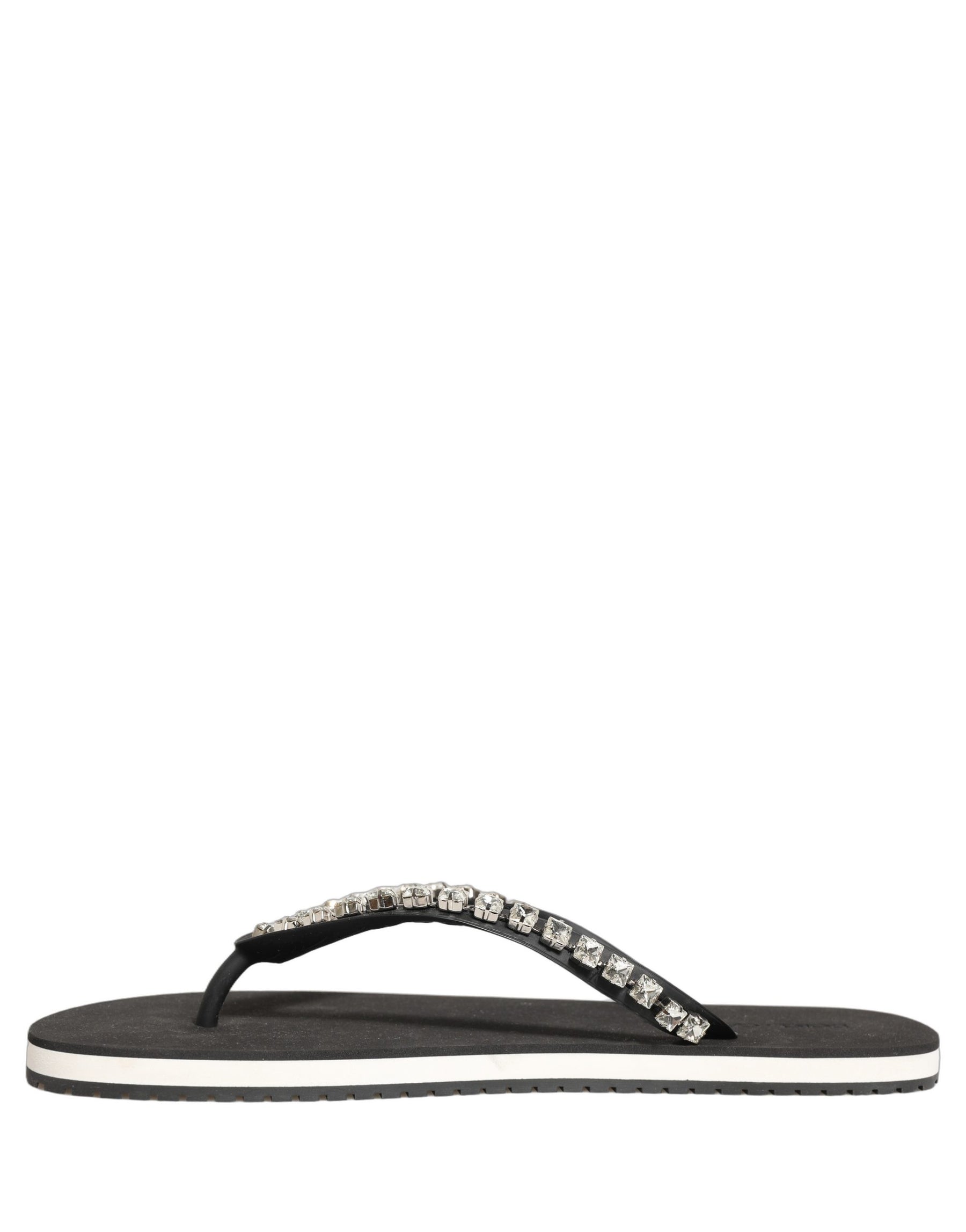Dolce & Gabbana Black Embellished Rubber Flip Flops Men Shoes | Regal Royce
