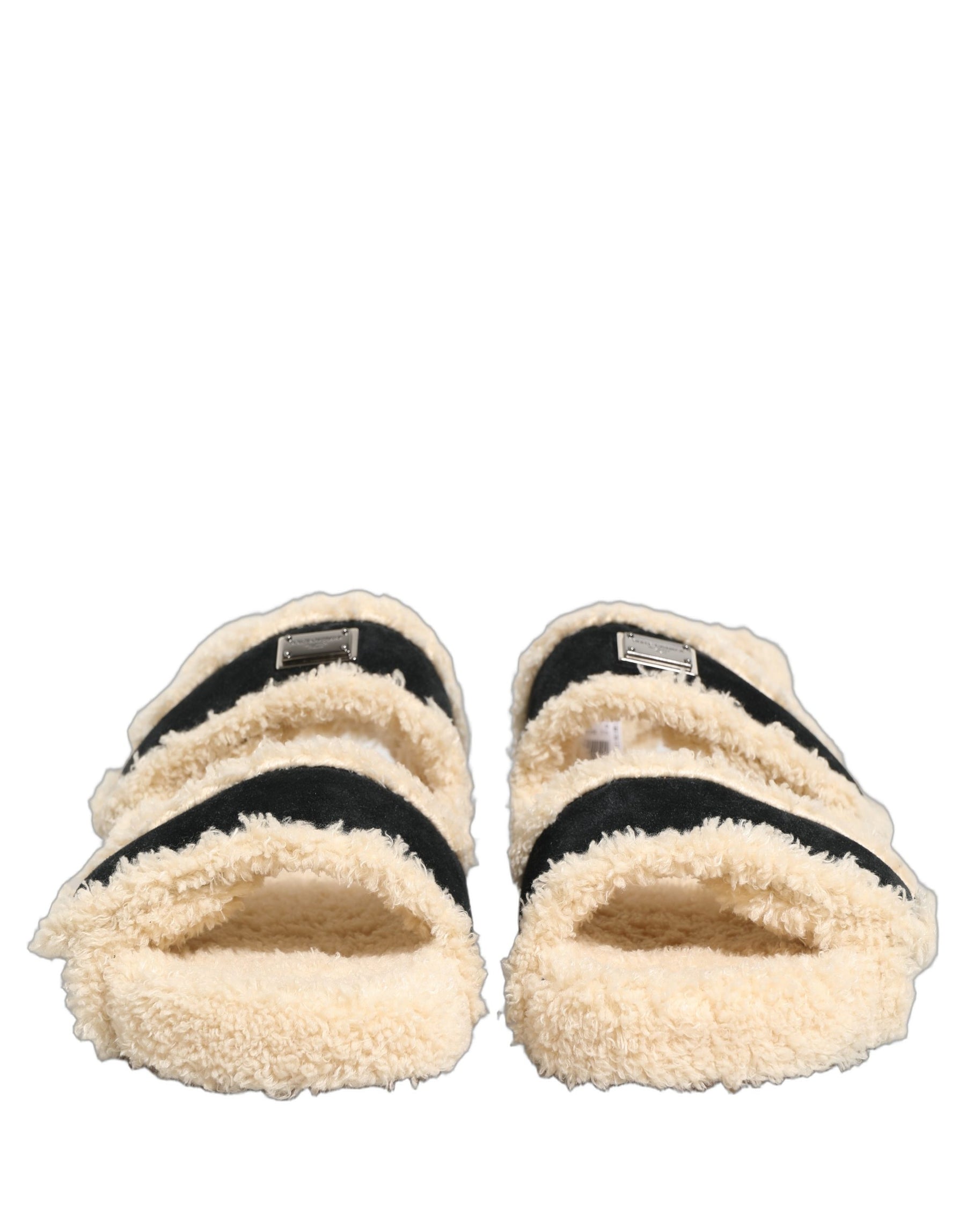 Dolce & Gabbana Beige Black Faux Fur Flats Men Sandals Shoes | Regal Royce