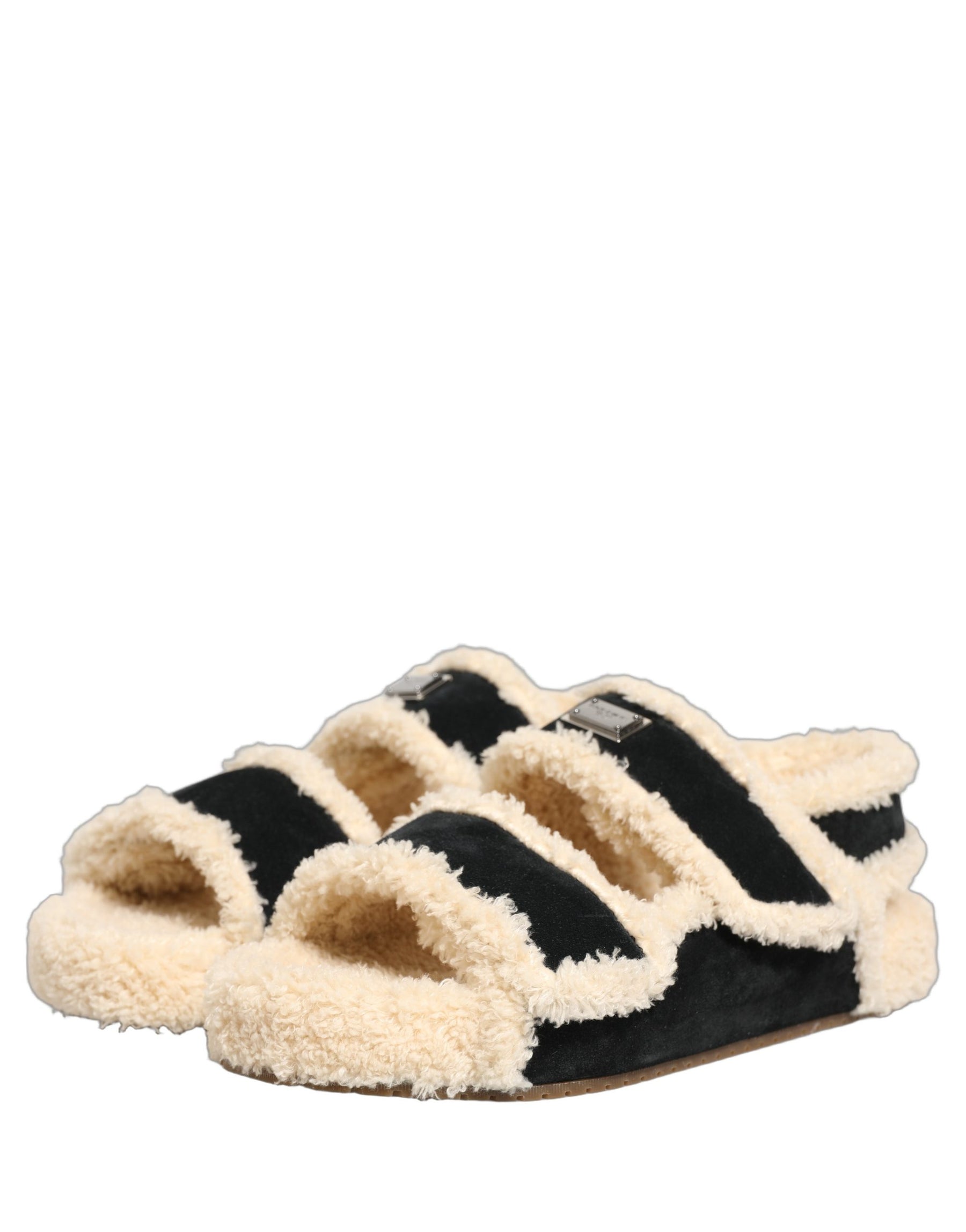 Dolce & Gabbana Beige Black Faux Fur Flats Men Sandals Shoes | Regal Royce