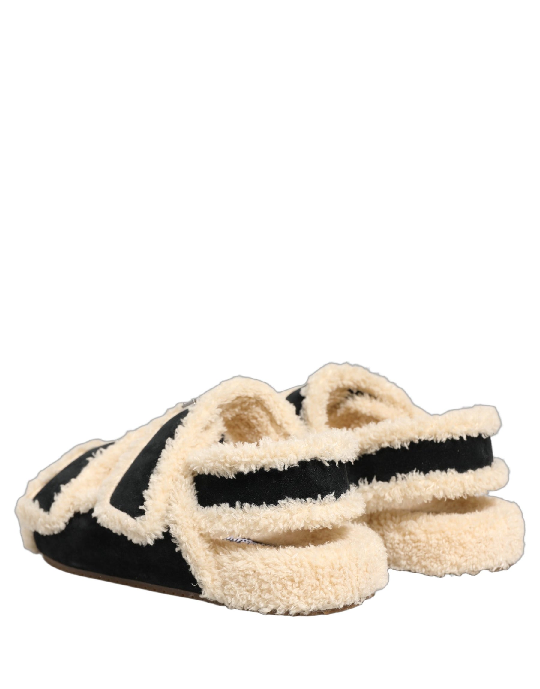 Dolce & Gabbana Beige Black Faux Fur Flats Men Sandals Shoes | Regal Royce