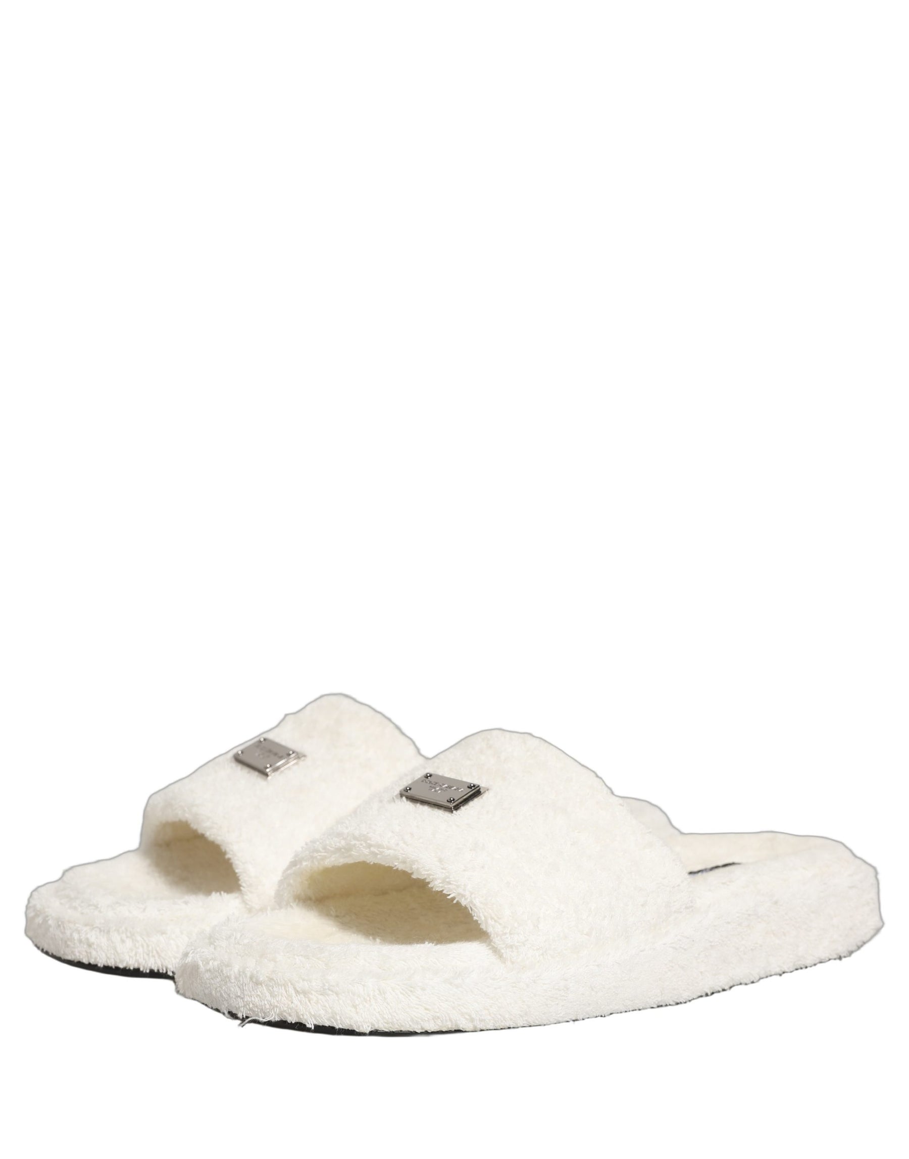 Dolce & Gabbana White Faux Fur Flats Men Slides Sandals Shoes | Regal Royce