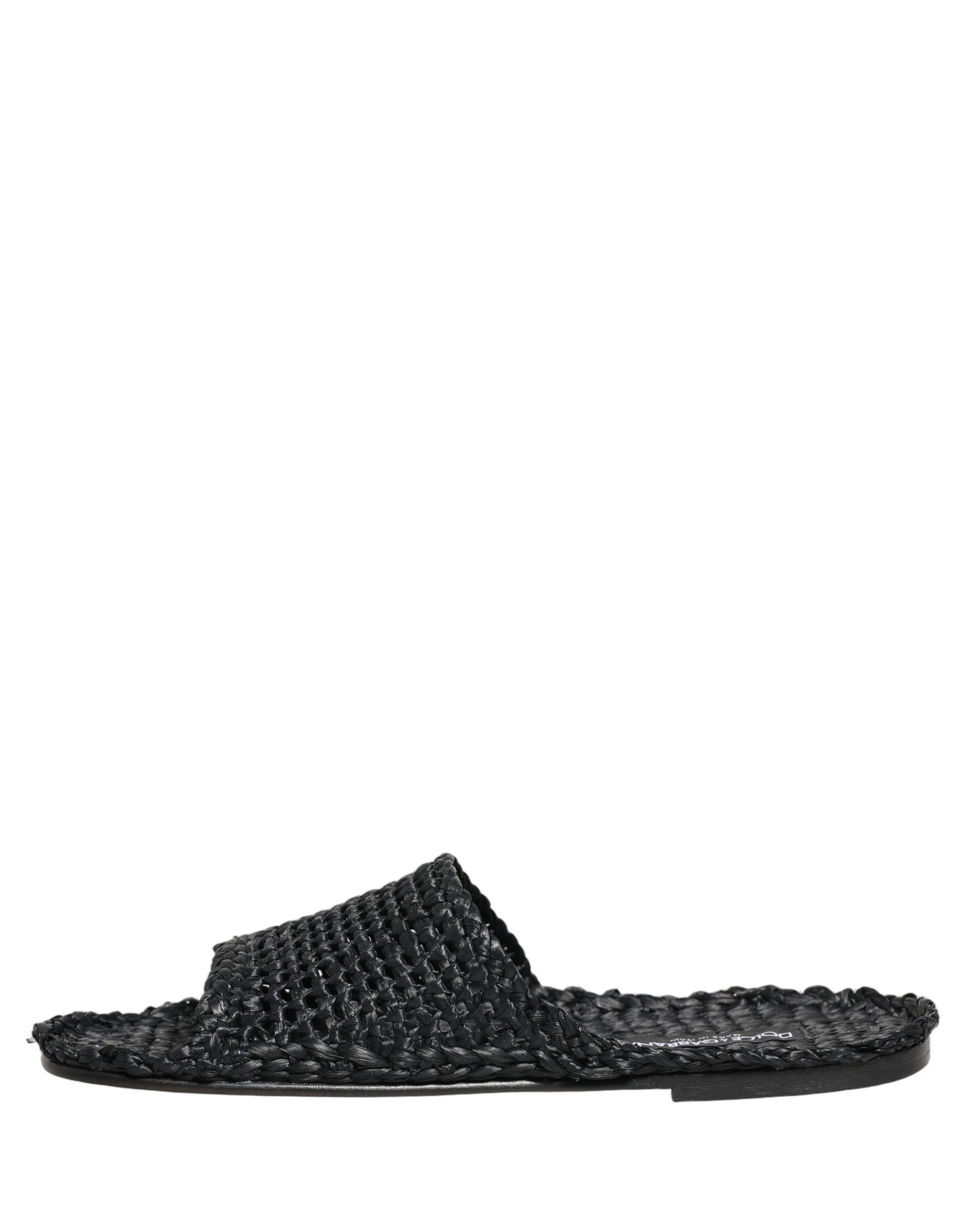 Dolce & Gabbana Black Straw Raffia Slides Sandals Flats Shoes | Regal Royce