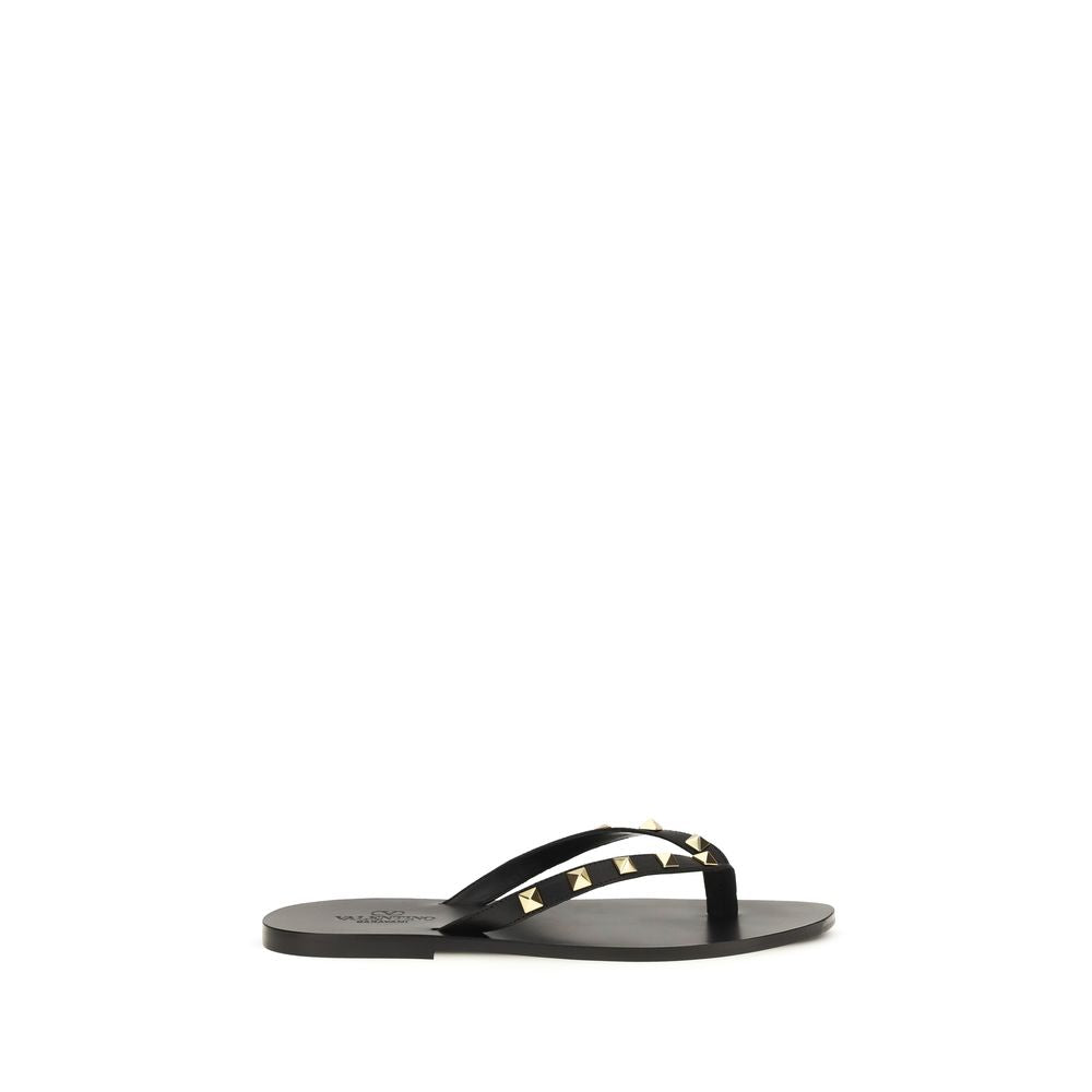 Valentino Garavani Black Calf Leather Bos Taurus Flip-Flop Sandals | Regal Royce